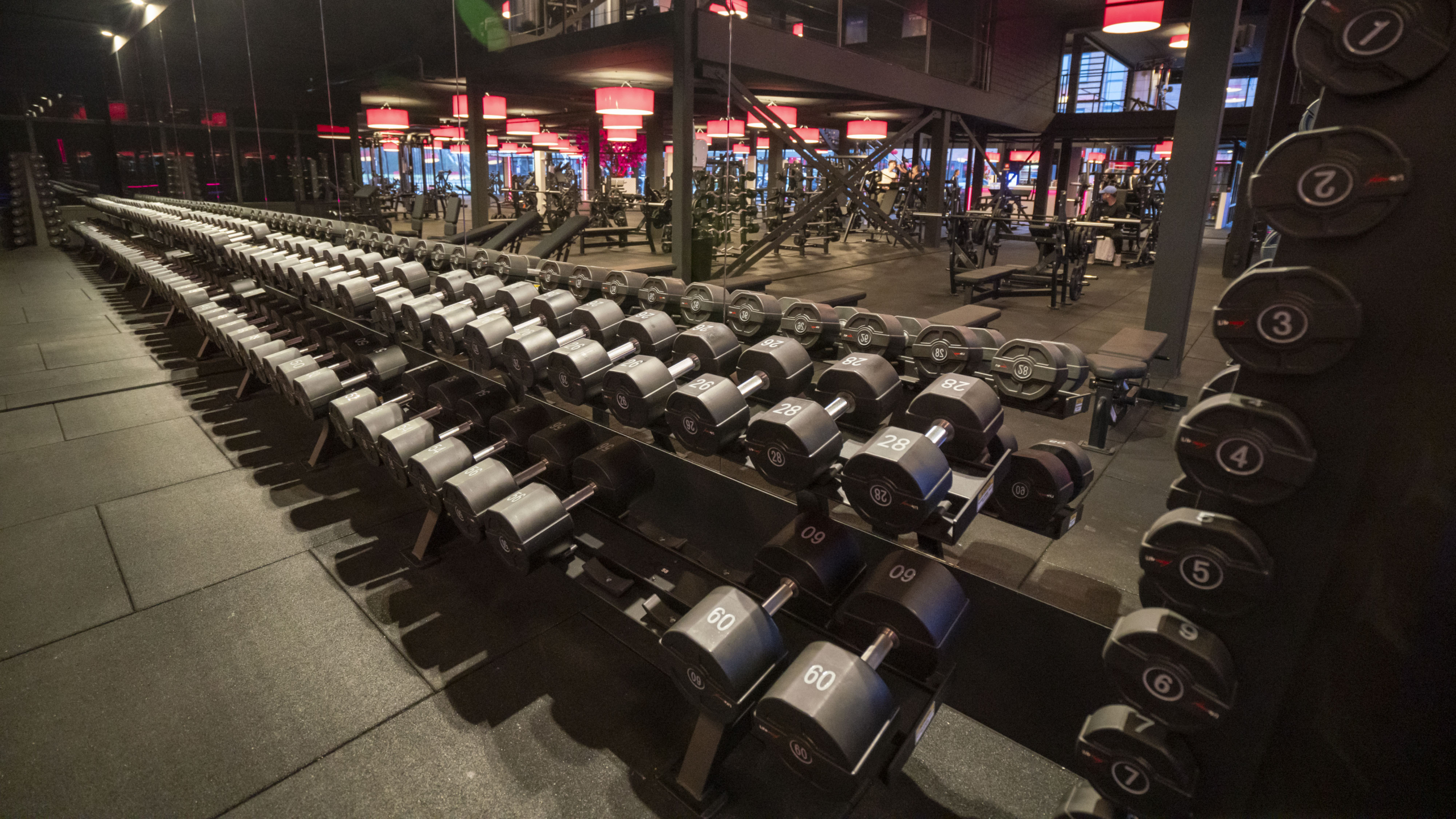 Rijen met halters in een moderne sportschool, omgeven door fitnessapparatuur en weerspiegeld in spiegels.