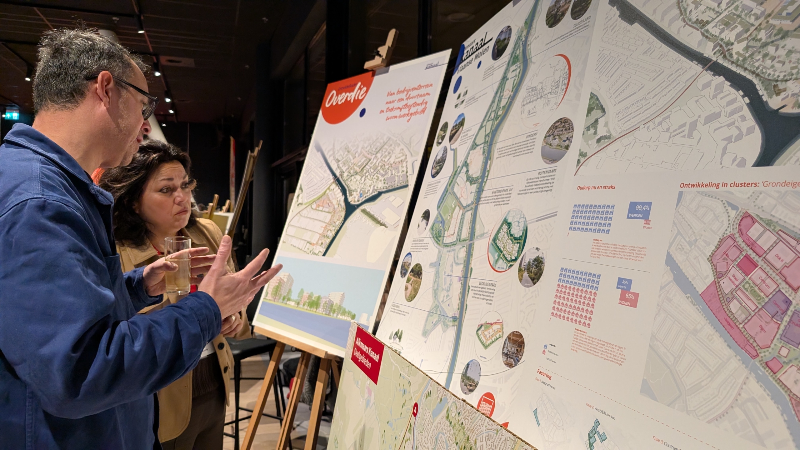 Twee mensen bespreken stadsplanningsposters met kaarten en diagrammen op ezels in een tentoonstellingsruimte.