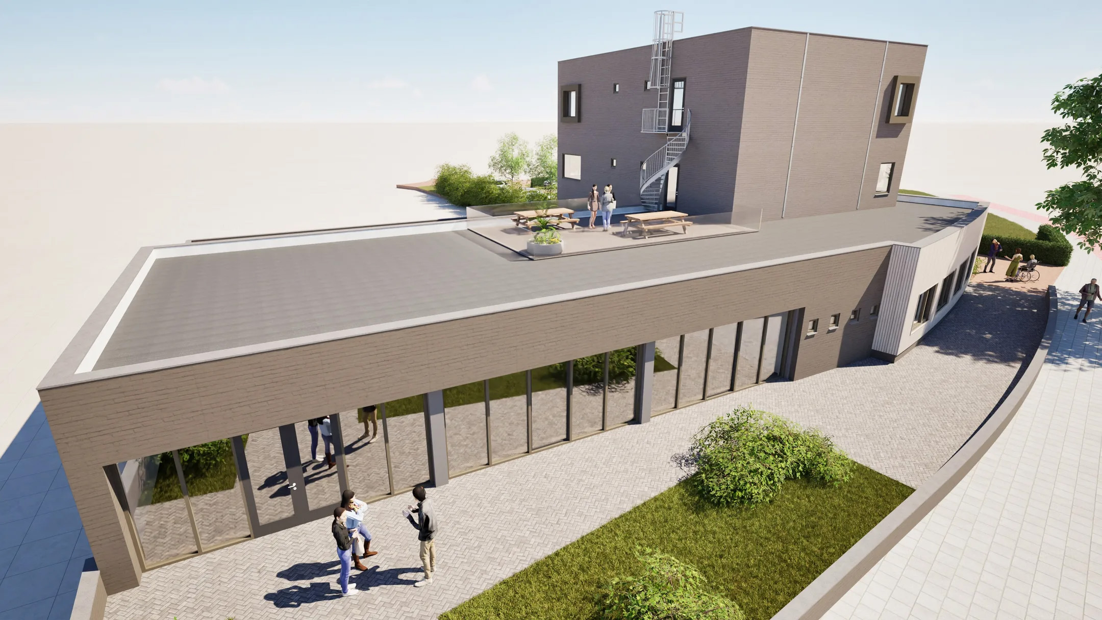 Modern gebouw met plat dak en glazen gevel, mensen op het terras en voor het gebouw op de stoep.