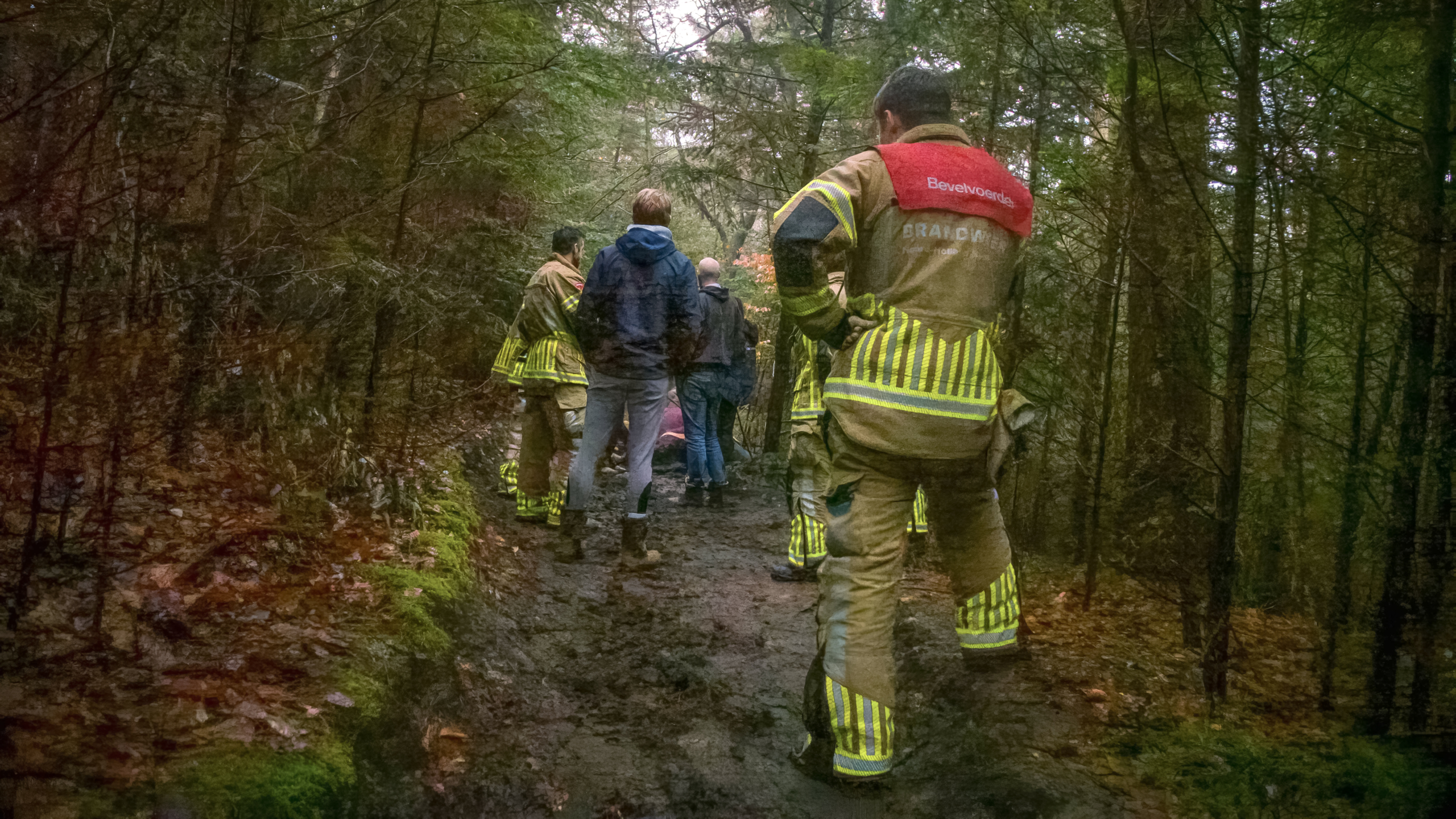 Brandweerlieden en mensen lopen op een modderig bospad omringd door dichte bomen.