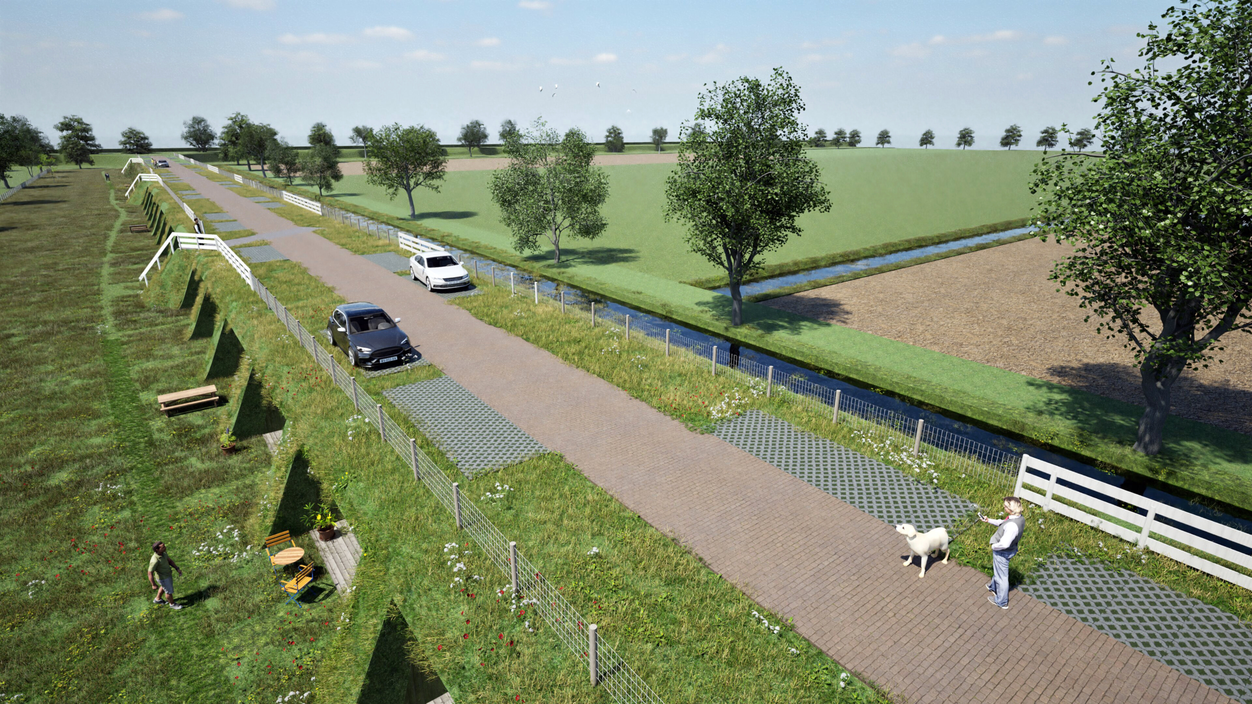Plattelandsweg met auto's geparkeerd langs de kant, wandelaar met hond, omgeven door grasvelden en bomen.