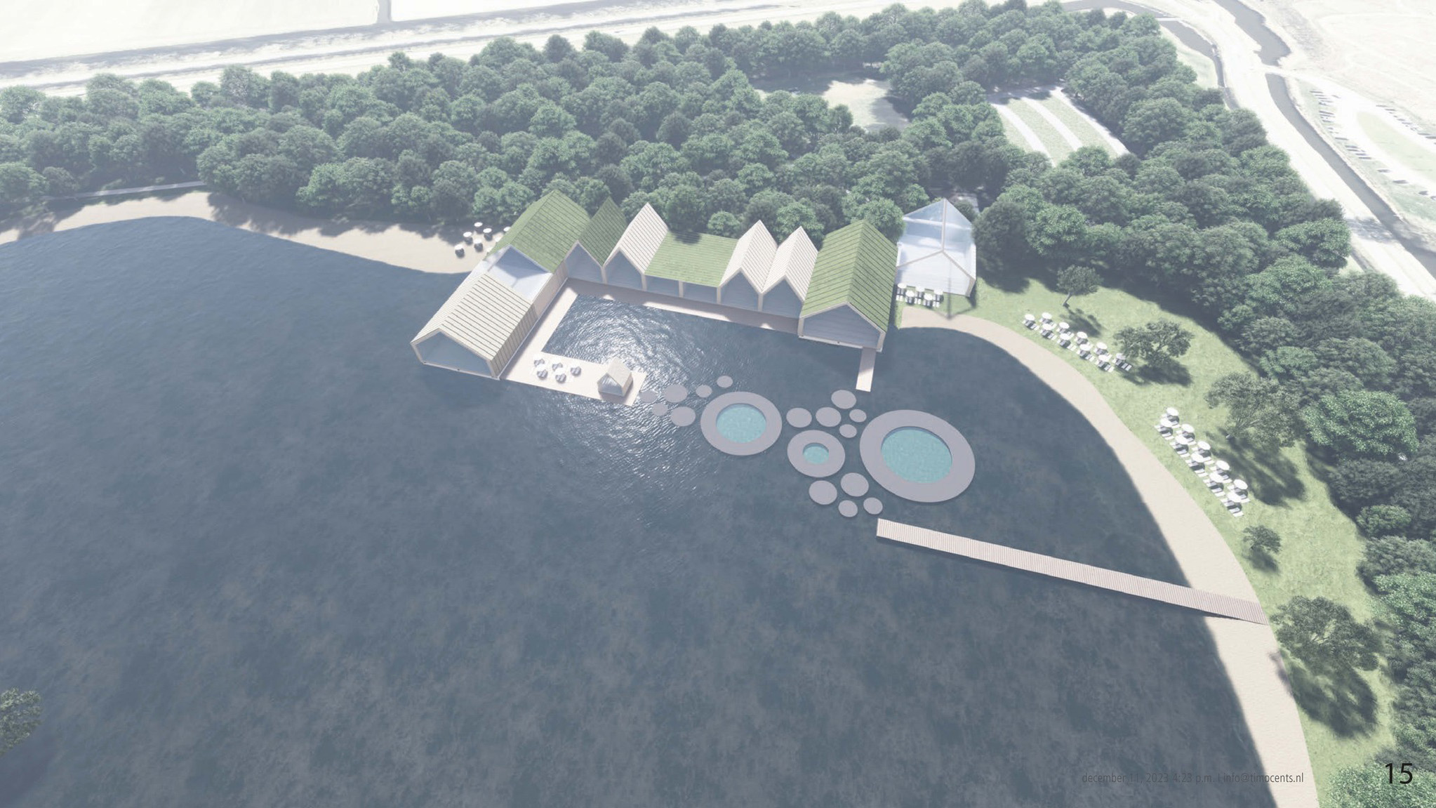 Architectonisch ontwerp van gebouwen met groene daken aan het water, omgeven door bomen, met zwembaden en paden.