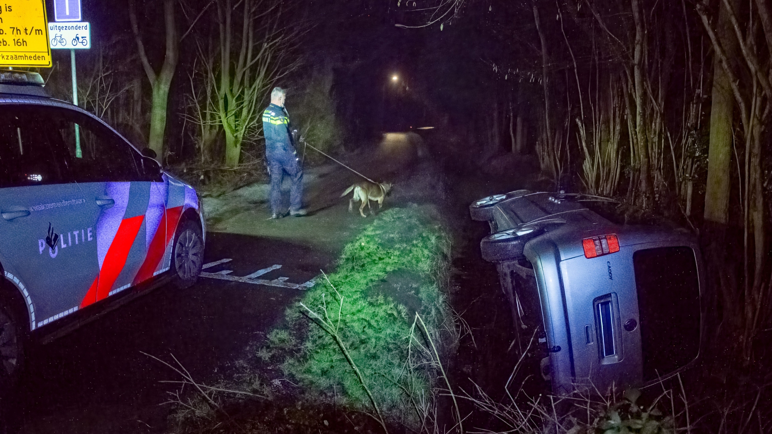 Politieagent met hond onderzoekt een donkere weg waar een auto op zijn zij ligt naast de weg.