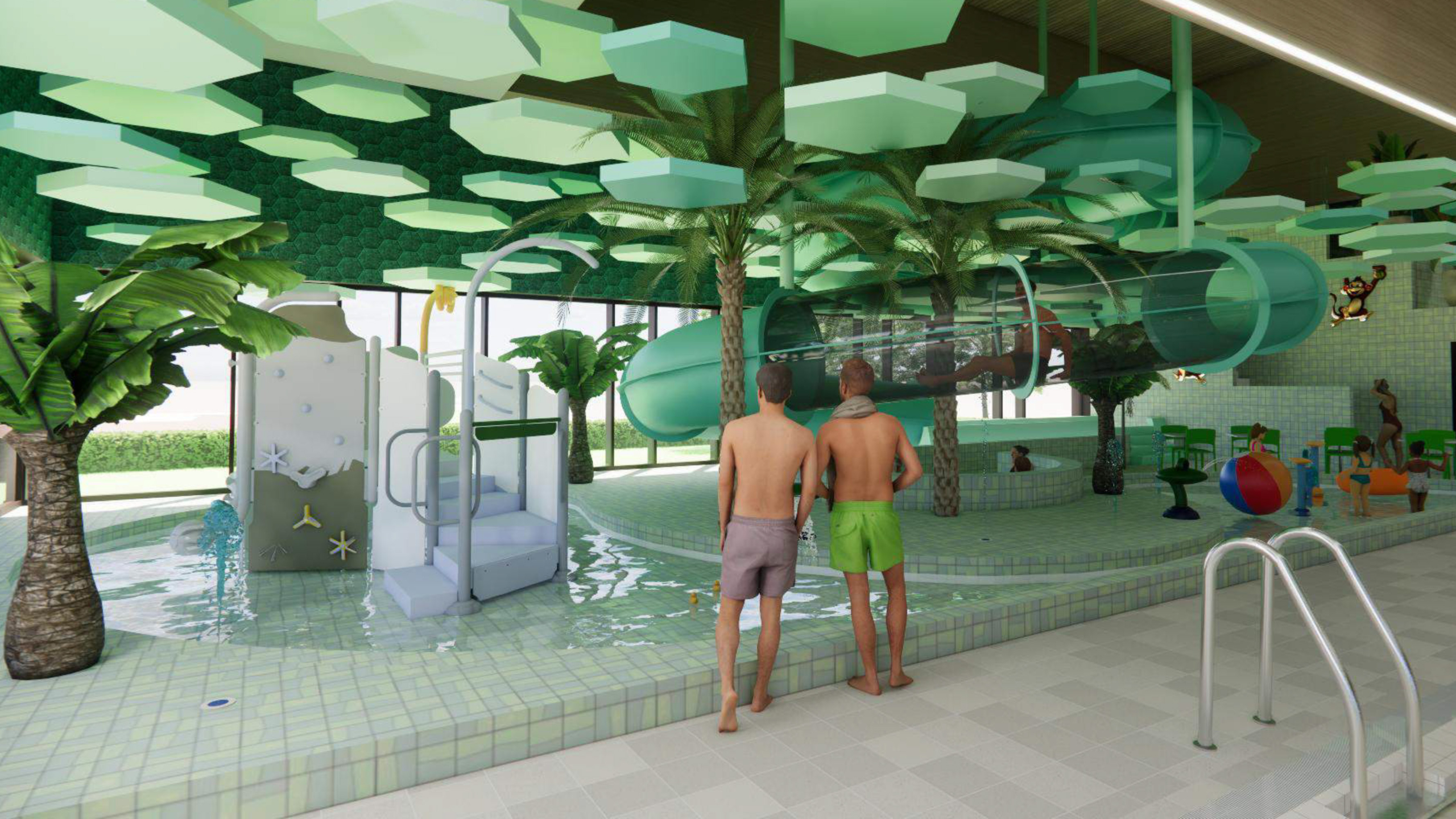 Twee mannen staan in een binnenzwembad met groene decoratie en een glijbaan, omringd door palmbomen en kinderen die spelen.