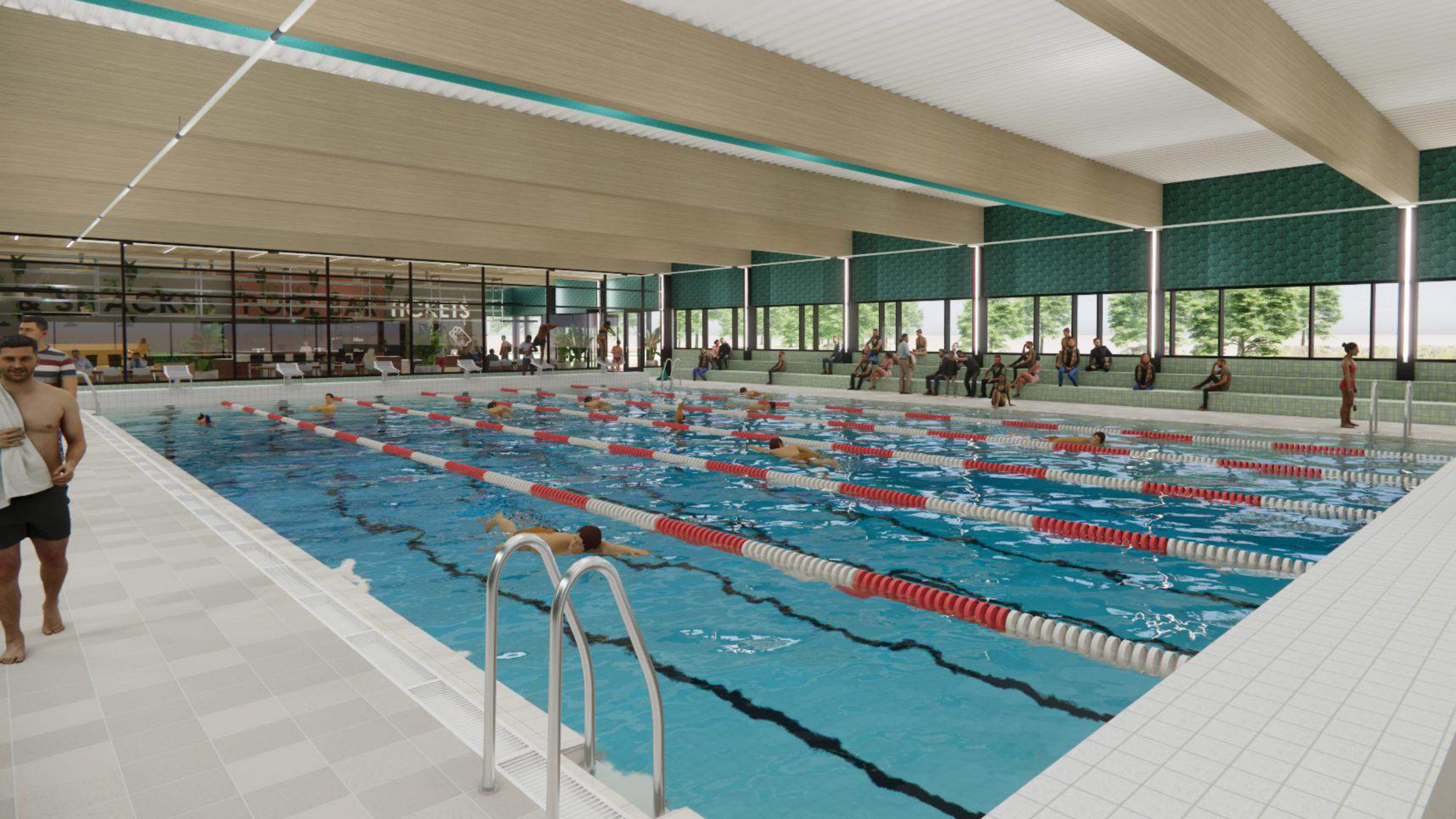 Binnenzwembad met zwemmers in banen, omringd door toeschouwers op stoelen en banken, met grote ramen aan de zijkant.