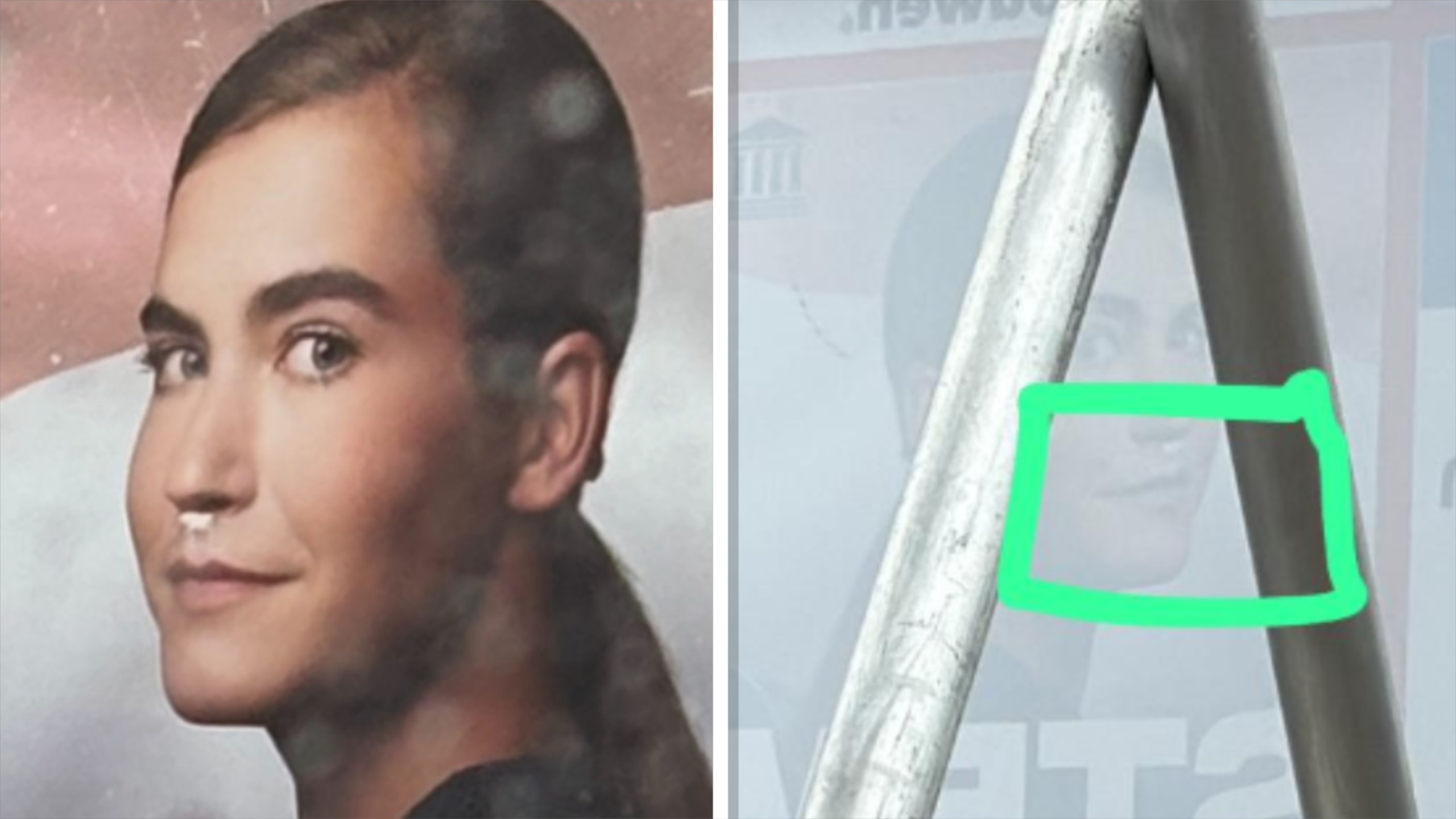 Close-up van een portret met een gezicht en een groene omranding die een doorkijk toont naar de afbeelding erachter.