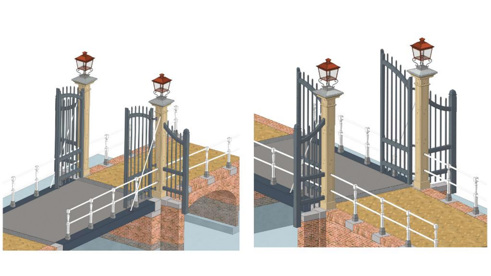 Illustratie van een brug met blauwe hekken en lantaarns op stenen pilaren, getoond in gesloten en geopende toestand.
