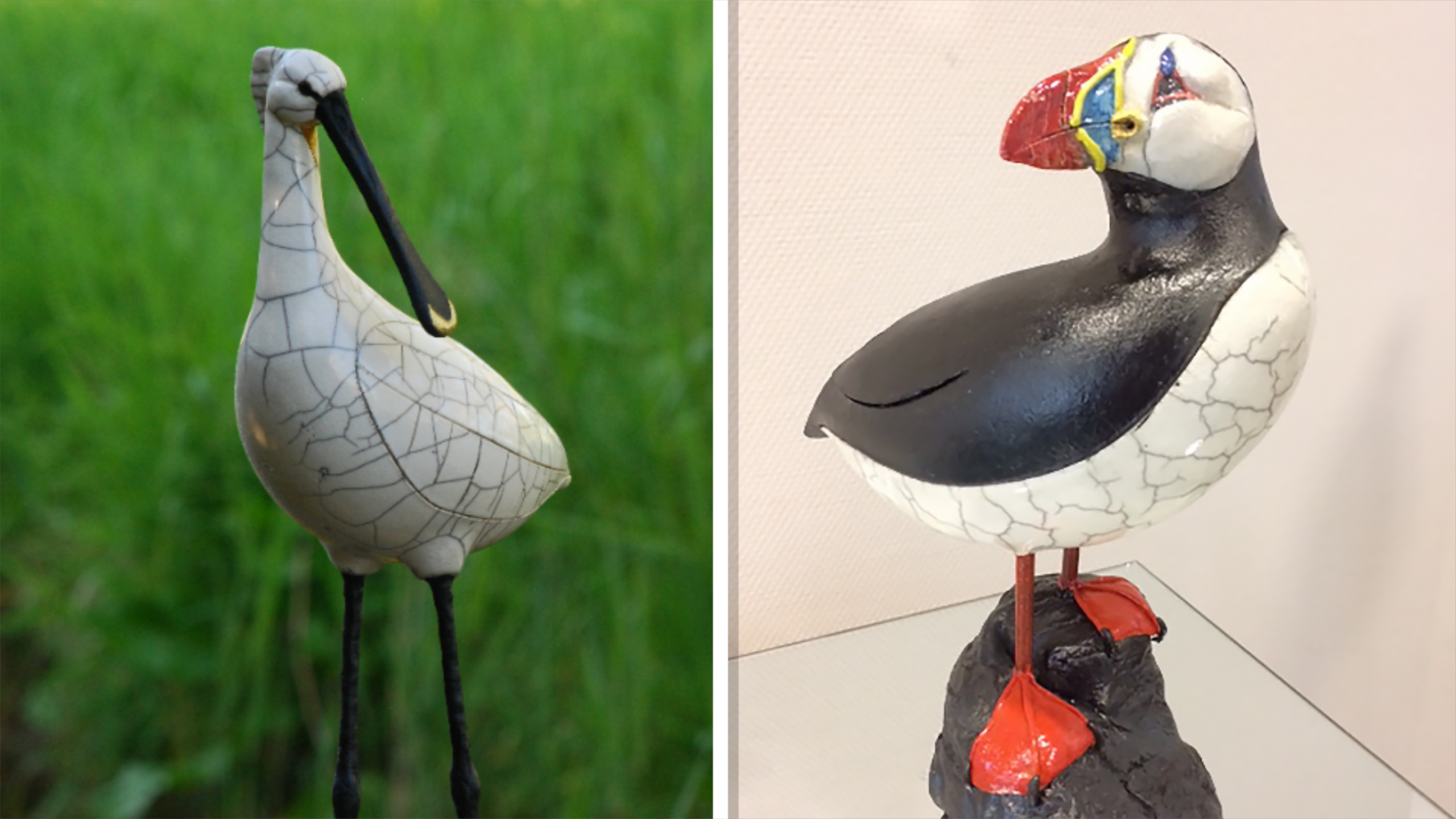 Twee keramische vogels: links een witte met zwarte snavel, rechts een zwart-witte met felgekleurde snavel op een rots.