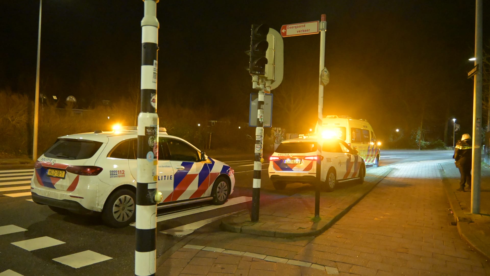 Nederlandse politie- en ambulancevoertuigen met zwaailichten langs de weg 's nachts, met een agent op de stoep.