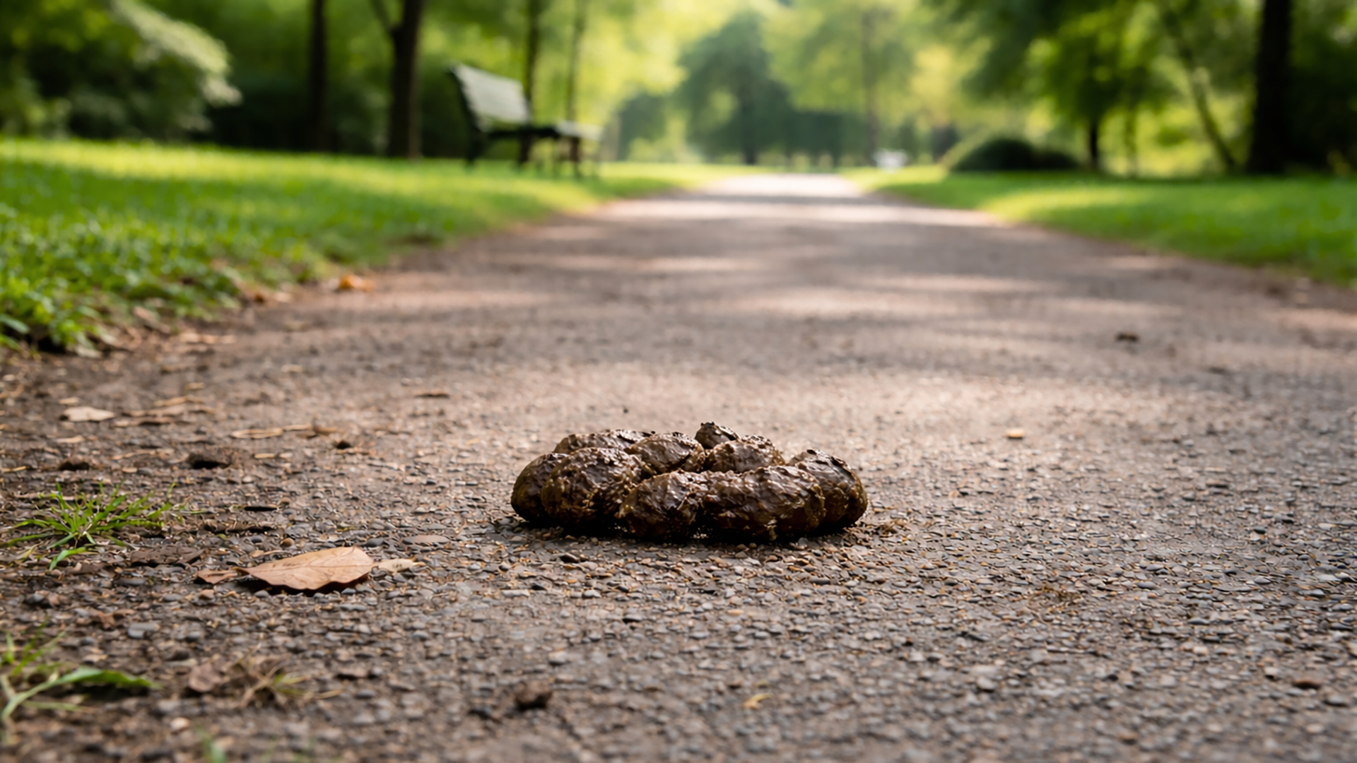 Hondenpoep op een parkpad omringd door gras en bomen, met een bankje op de achtergrond.