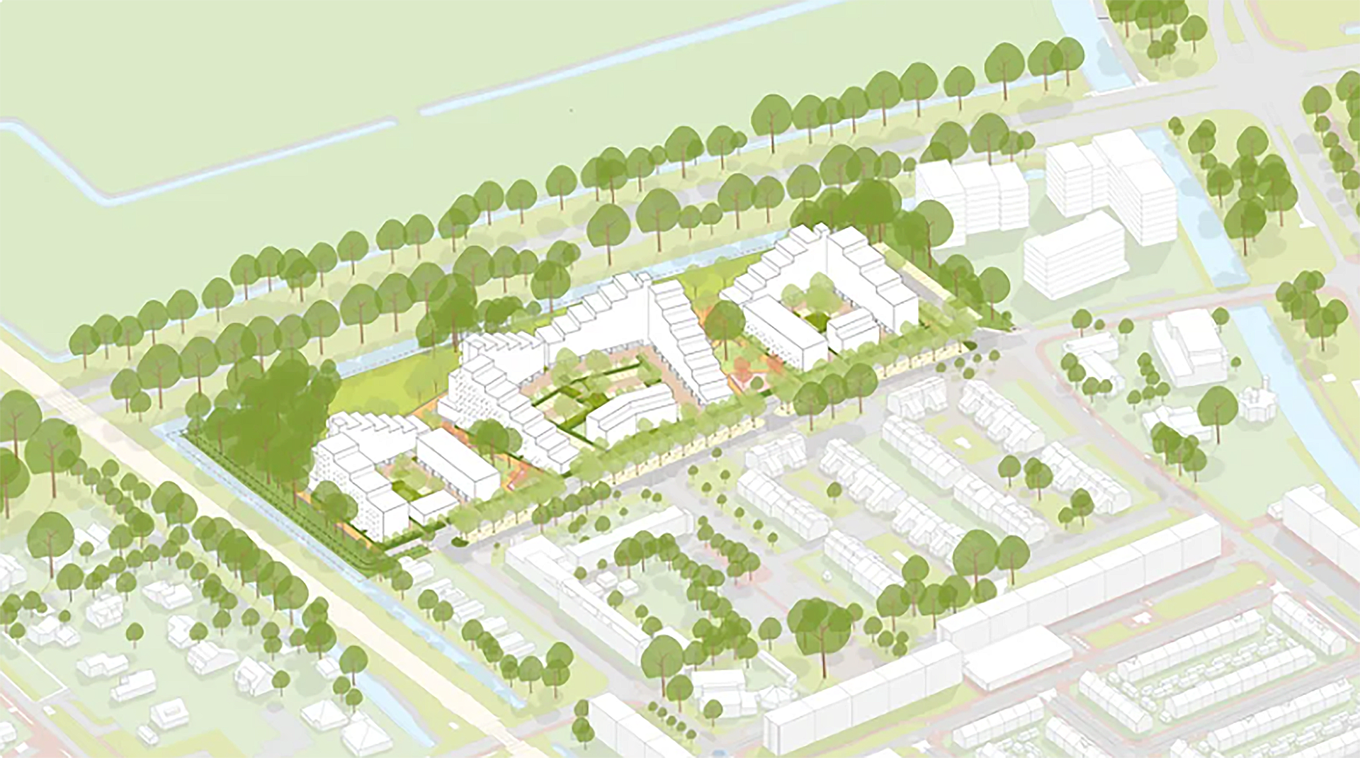 Architectonische tekening van een geplande woonwijk met groene zones, waterpartijen en meerdere woongebouwen.