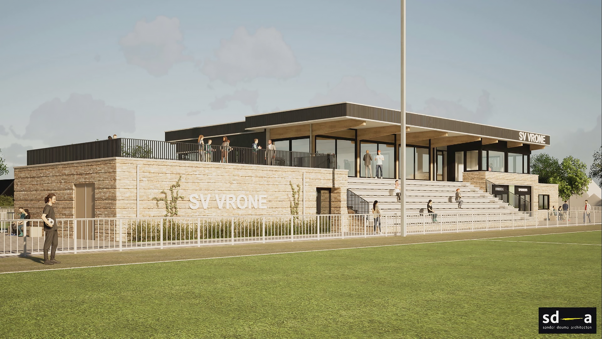 Modern clubhuis van SV Vrone met terras en tribunes, omgeven door een groene omgeving.