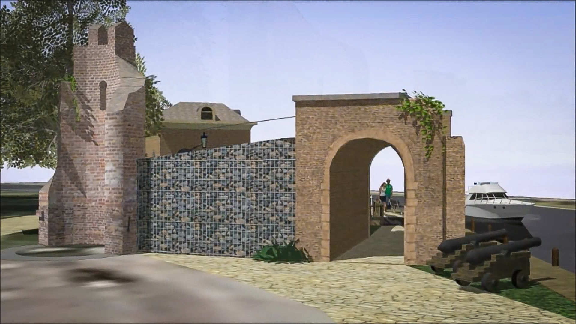 Bakstenen poort met stenen muur en klimop, een oude kanon, en een boot op de achtergrond.