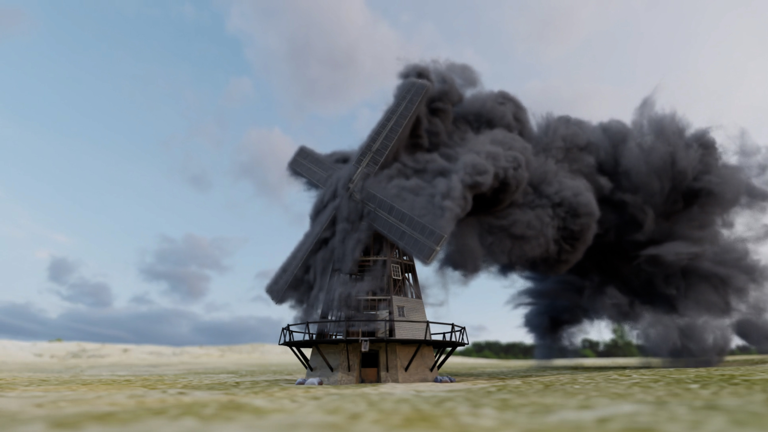 Een molen omgeven door dikke zwarte rookwolken tegen een blauwe lucht.