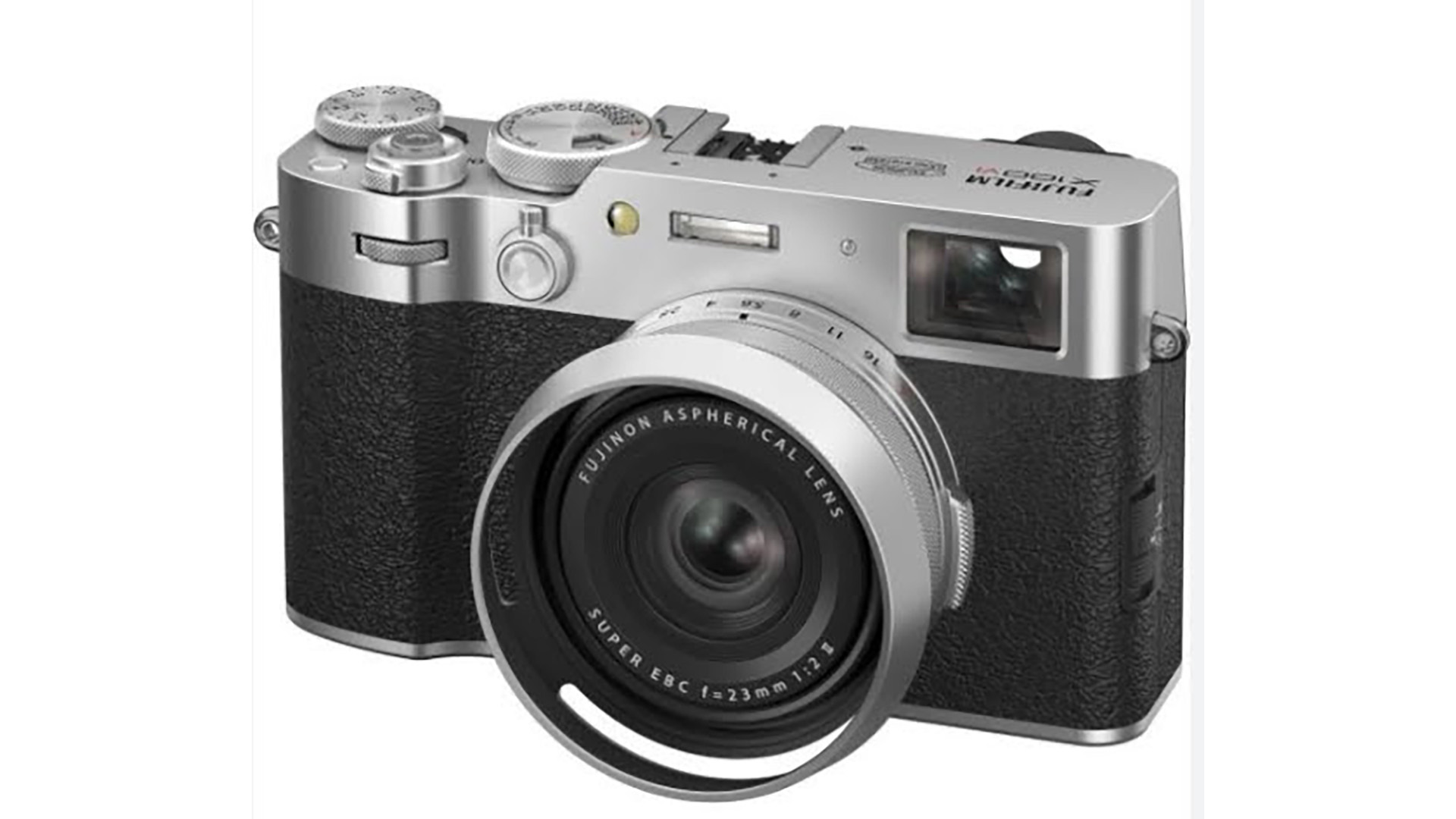 Zilveren digitale camera met een zwarte grip en een Fujinon asferische lens van 23mm f/2.0.