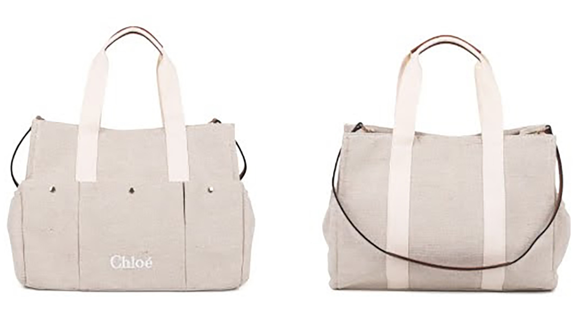 Beige canvas tas met witte handvatten, het merk "Chloé" zichtbaar aan de voorzijde.