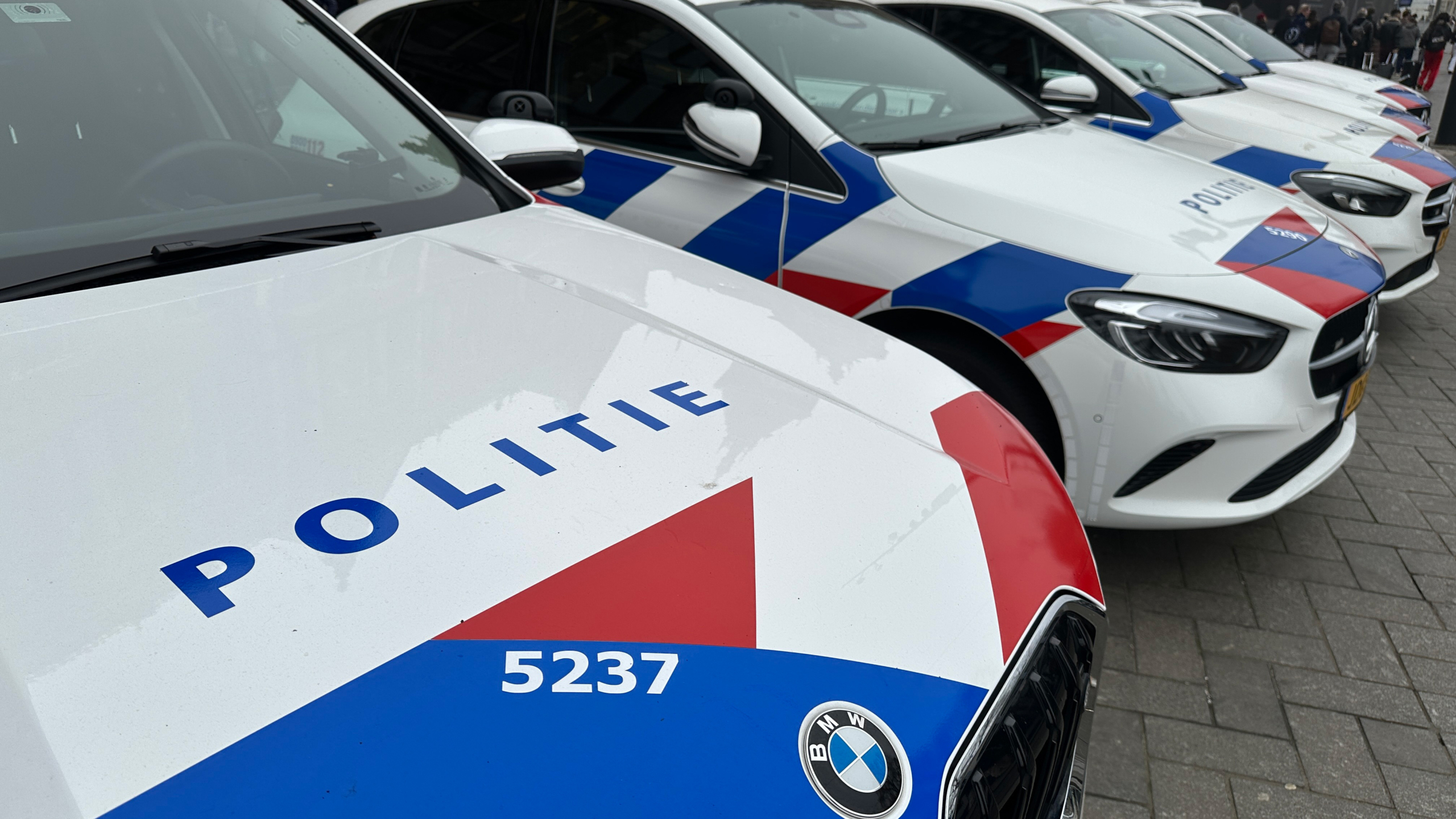Rij politieauto's met blauwe en rode strepen, geparkeerd op een betegeld oppervlak.