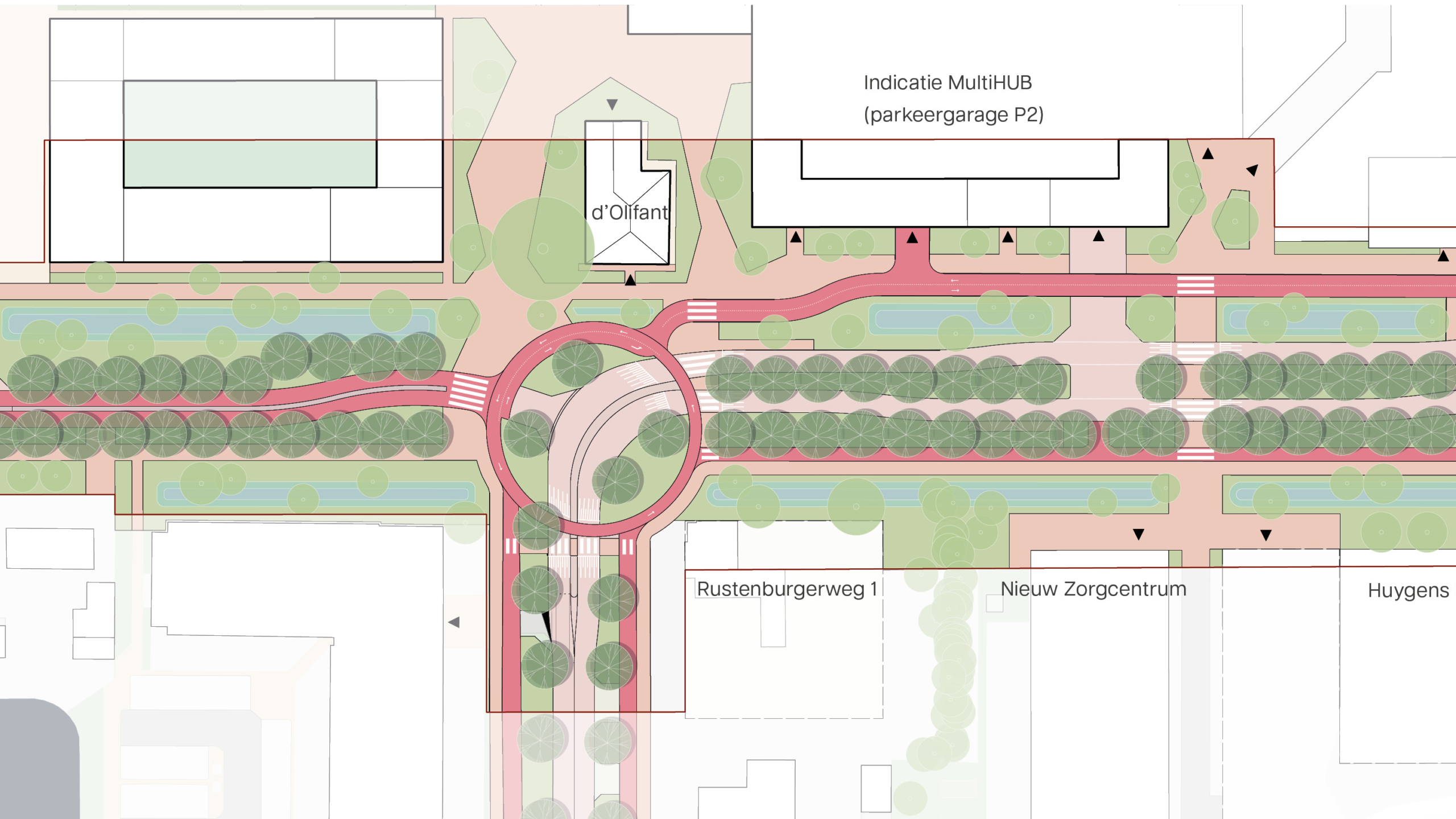 Ontwerptekening van een stratenplan met een rotonde, wegen, groene zones en gebouwen, waaronder een MultiHUB parkeergarage.