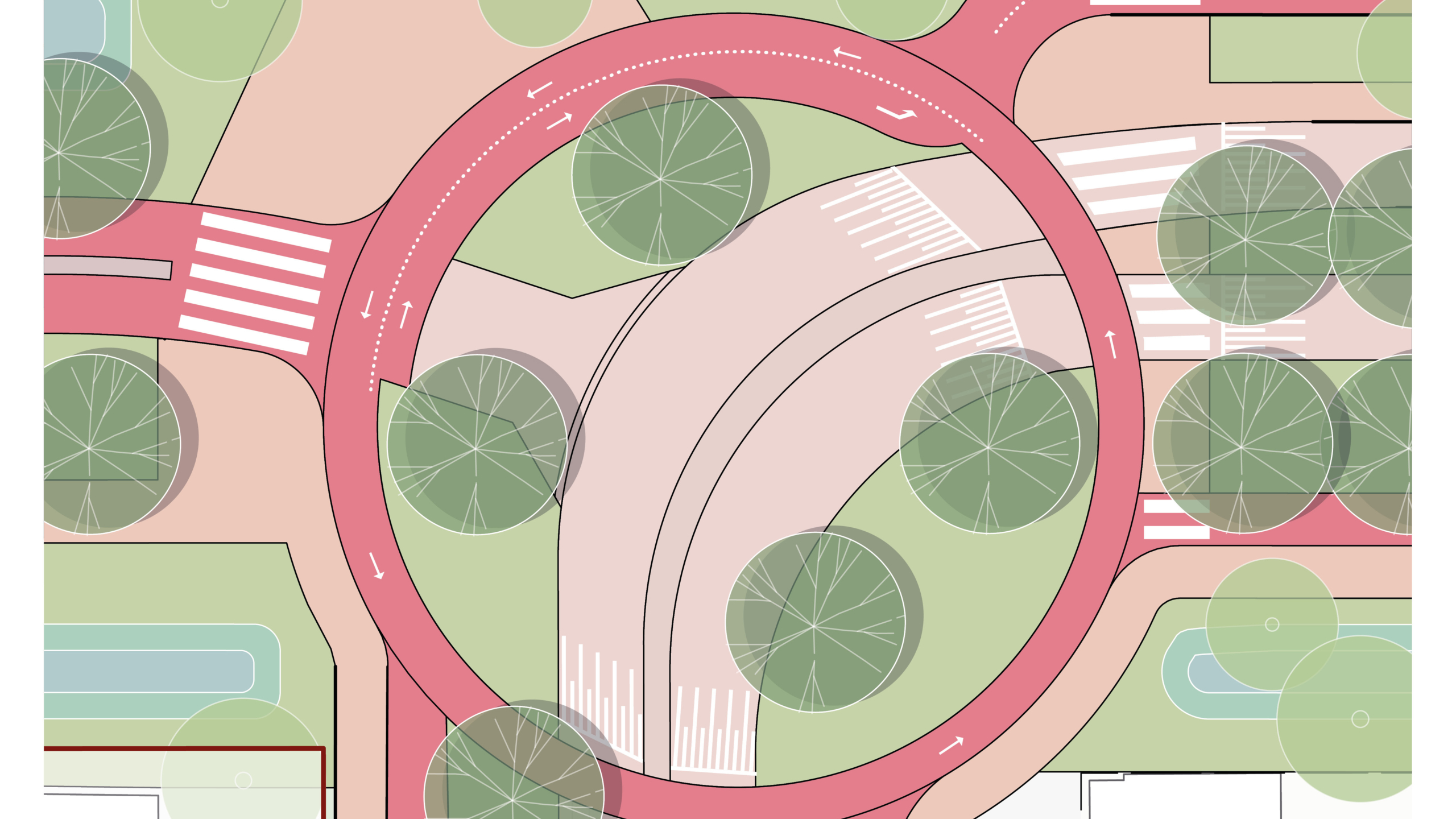 Illustratie van een rotonde met fietspaden en zebrapaden, omringd door groene gebieden en bomen.