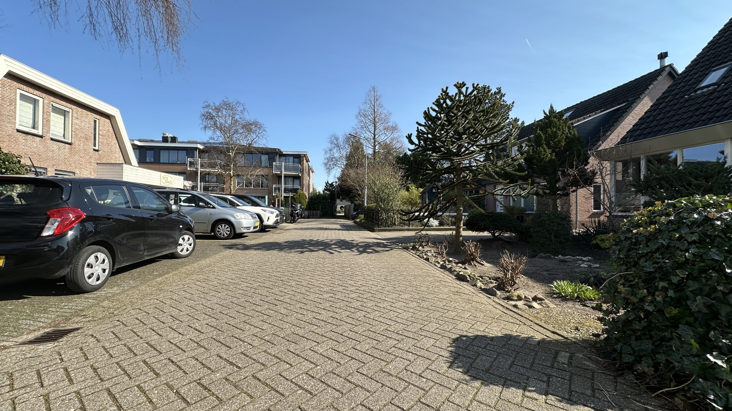 Straatbeeld met geparkeerde auto's langs een rij bakstenen huizen, bomen en een helderblauwe lucht.