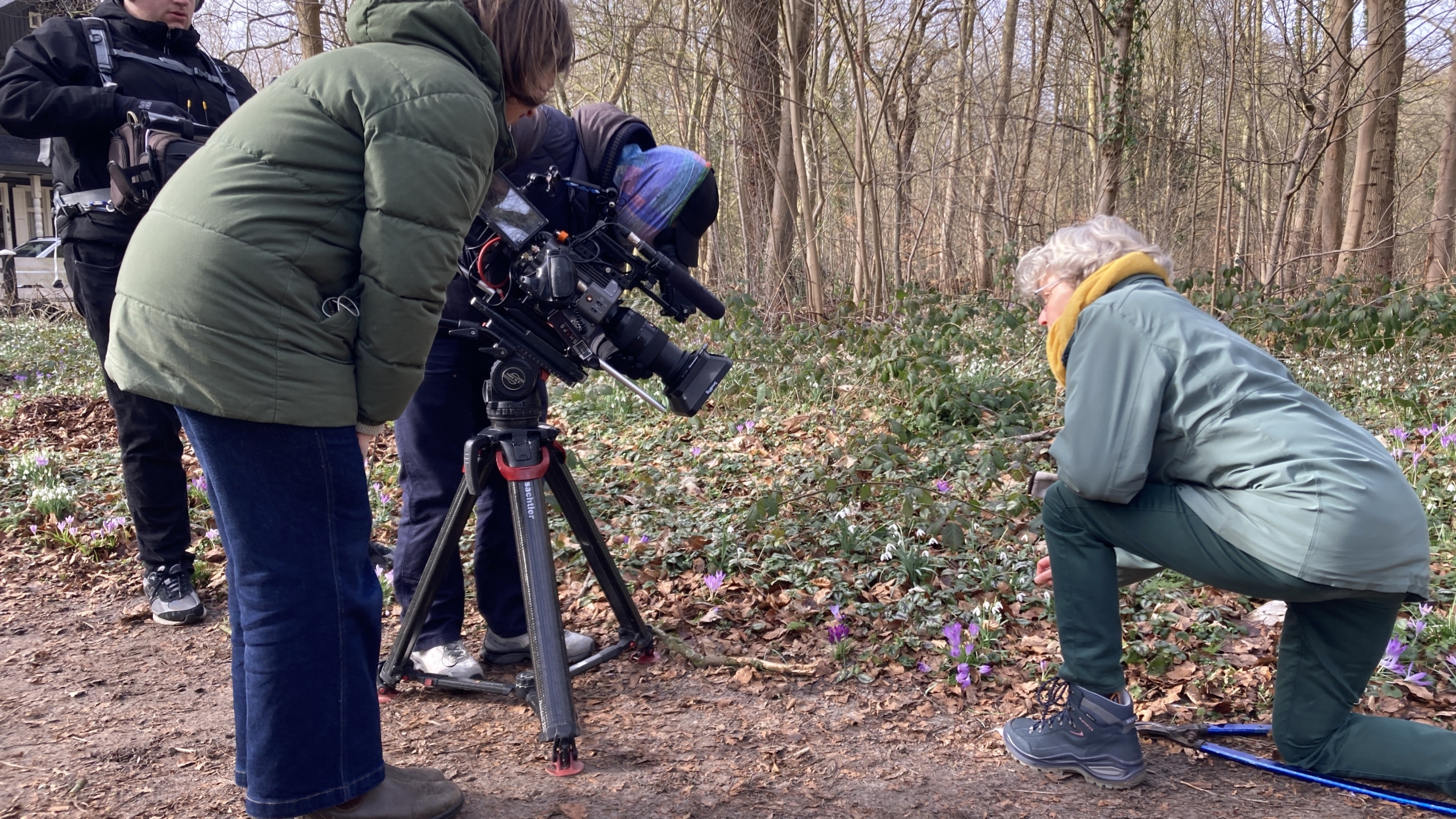 Een camerateam filmt een vrouw die gehurkt in een bos bloemen bekijkt.