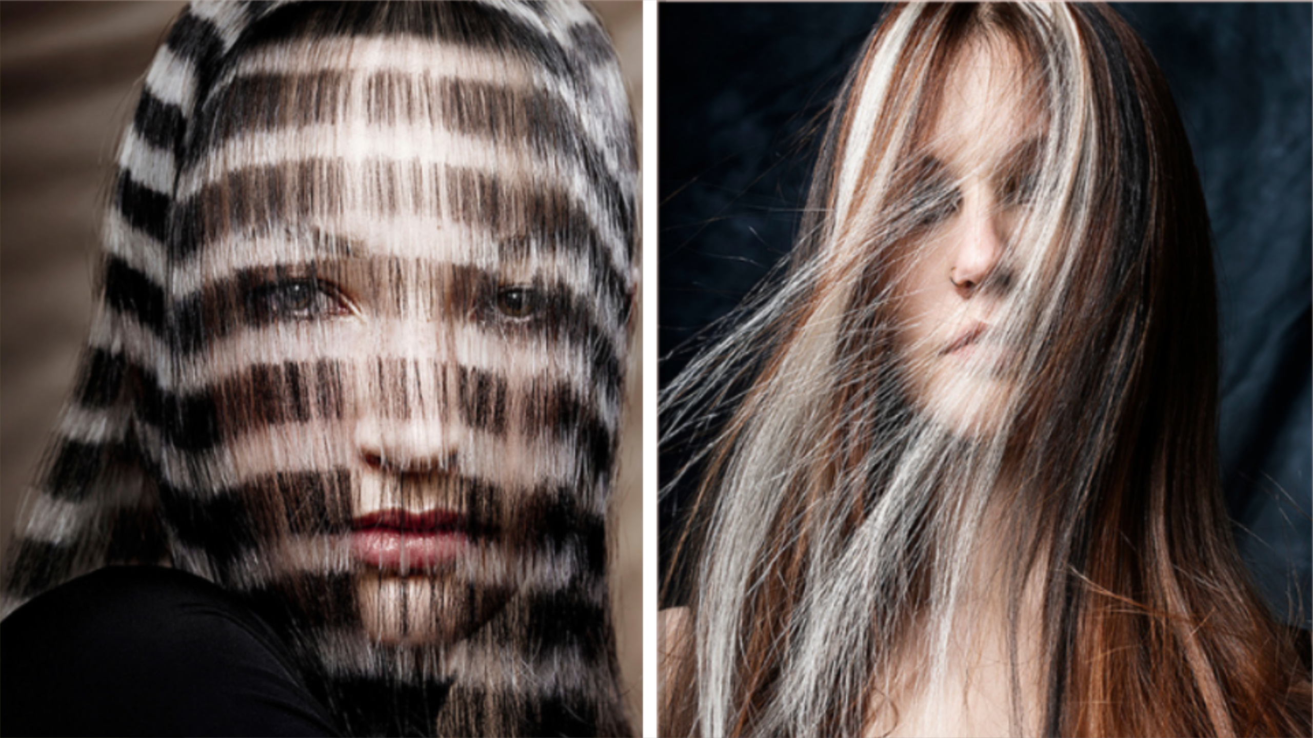 Twee close-ups van vrouwen met lang haar over hun gezicht, links met zwart-witte strepen en rechts met bruin en blonde tinten.