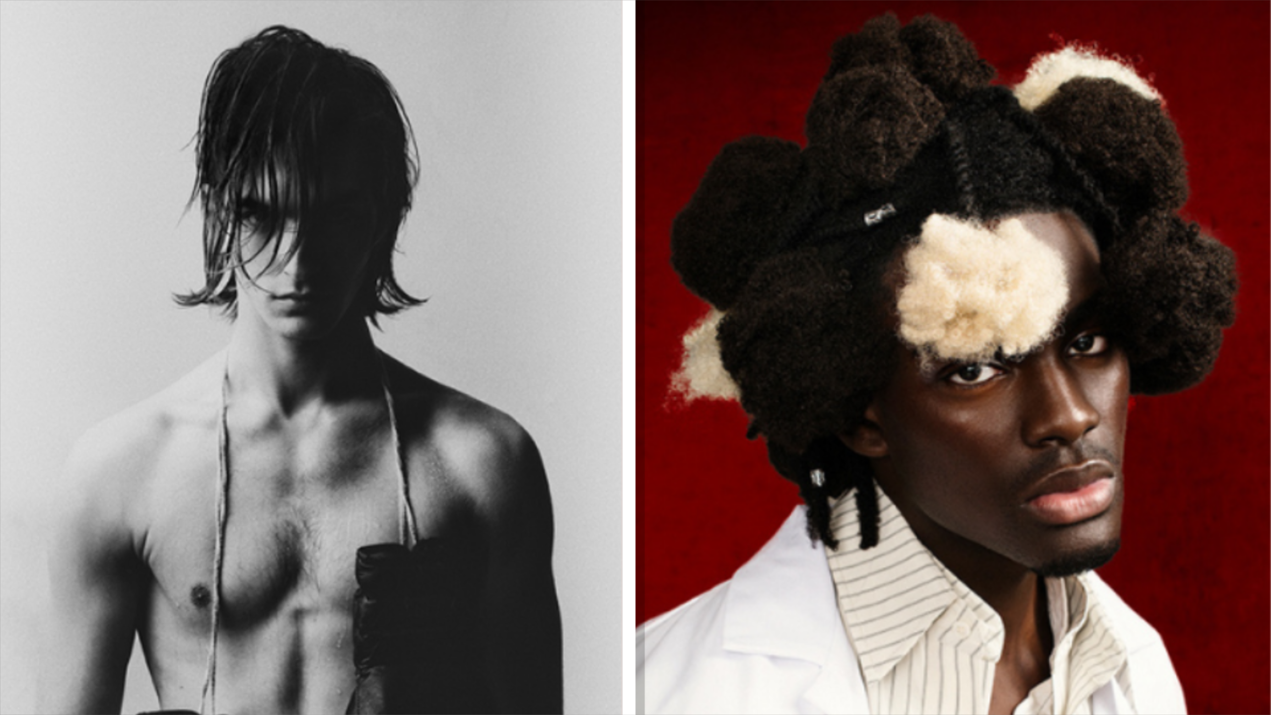 Twee portretten: links een persoon met nat haar in zwart-wit, rechts een persoon met opvallend gestileerd haar tegen een rode achtergrond.