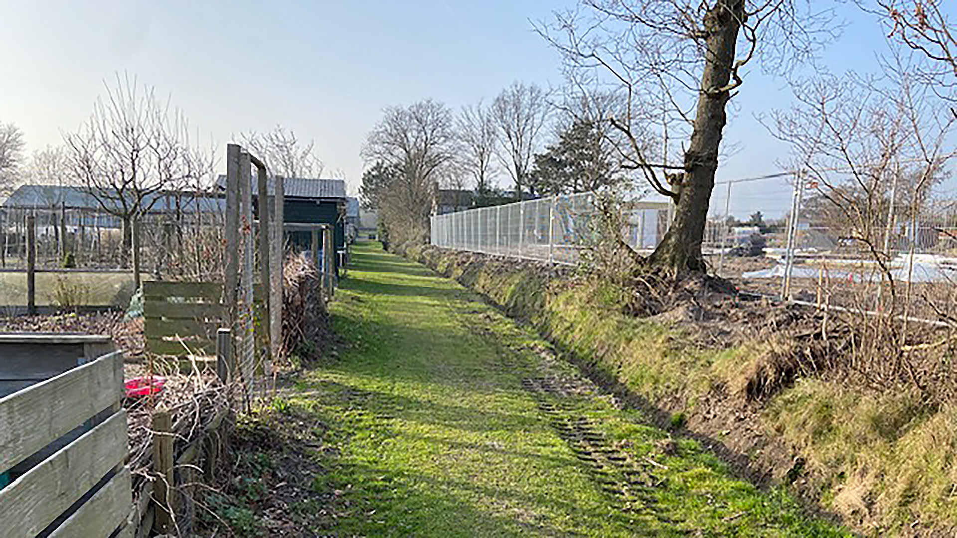Grasweg met hek aan de rechterkant, naast kale bomen en een moestuin met houten omheining.