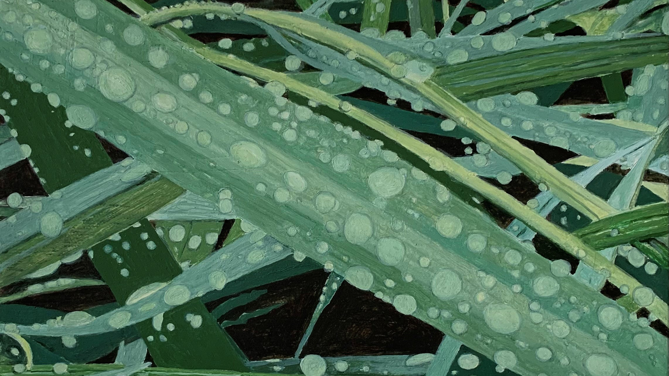 Schilderij van overlappende groene bladeren met ochtenddauw in abstracte stijl.