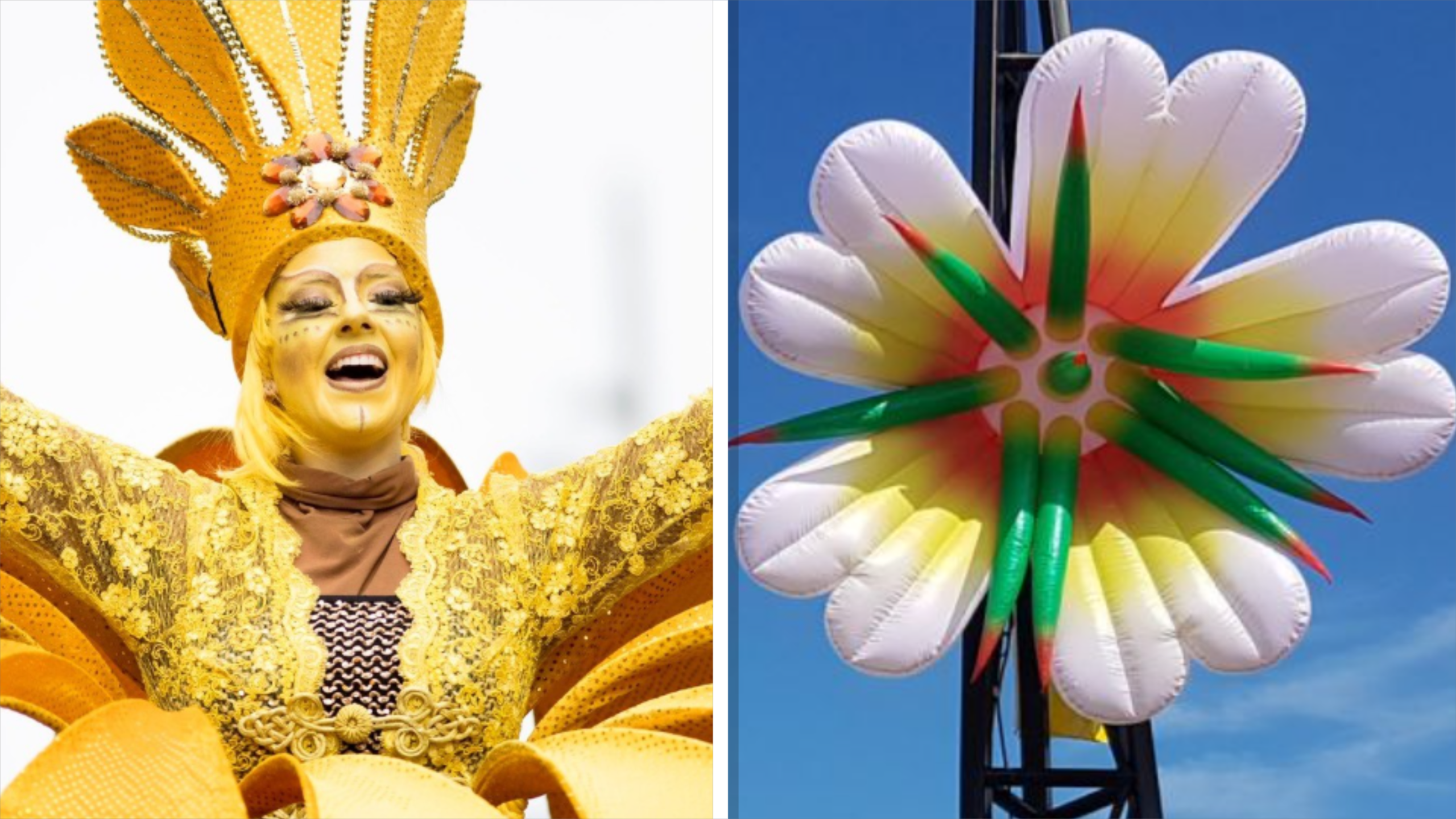 Links: een persoon in een goudkleurig kostuum met een grote hoofdtooi. Rechts: een grote, kleurrijke opblaasbare bloem tegen een blauwe lucht.