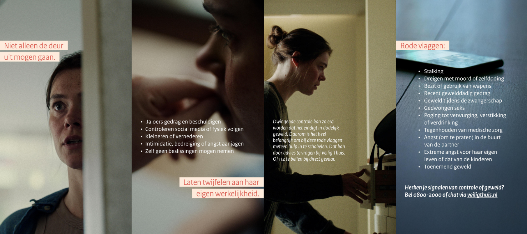 Drie afbeeldingen tonen een vrouw in een gespannen situatie met tekst over controle, geweld en waarschuwingssignalen.