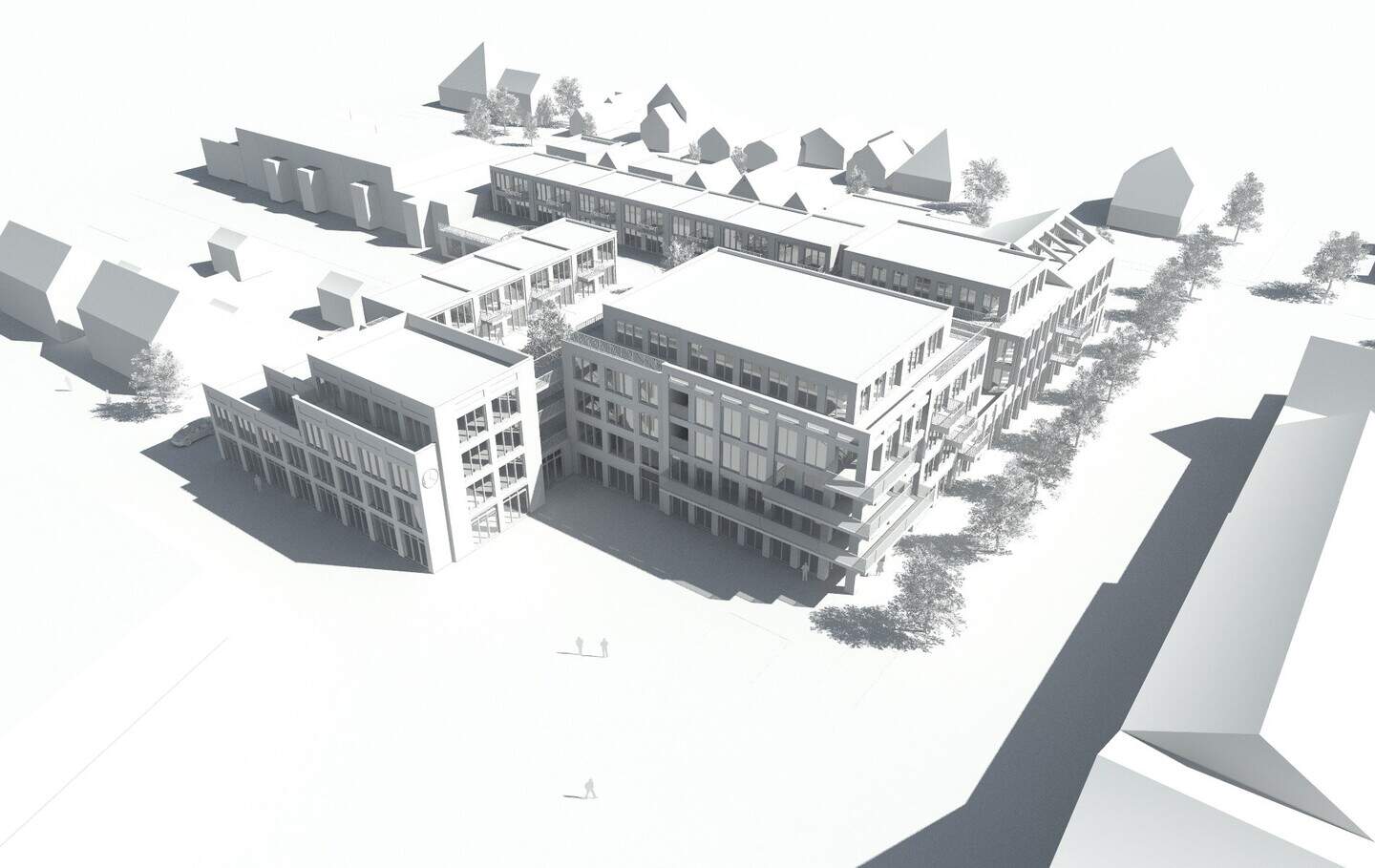 3D-model van een modern, vierkant gebouw met meerdere verdiepingen en ramen, omgeven door een stedelijke omgeving.