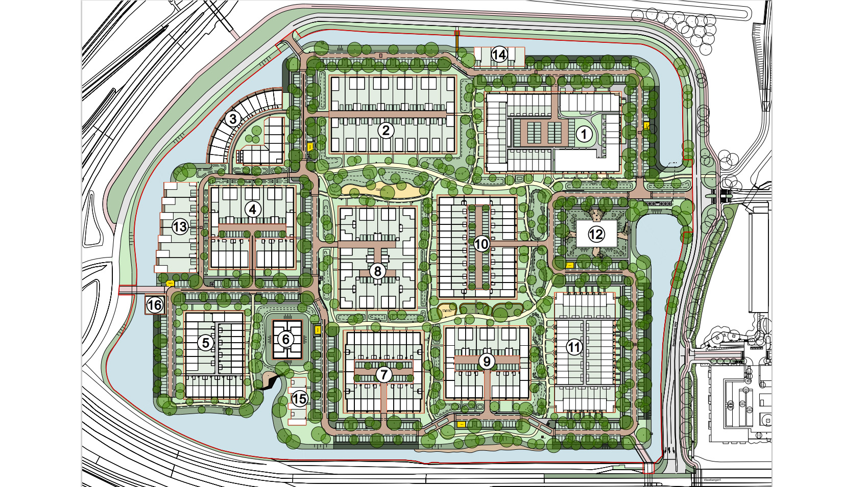 Plattegrond van een stedelijk gebied met woonblokken, wegen en groenvoorzieningen, genummerd van 1 tot 16.
