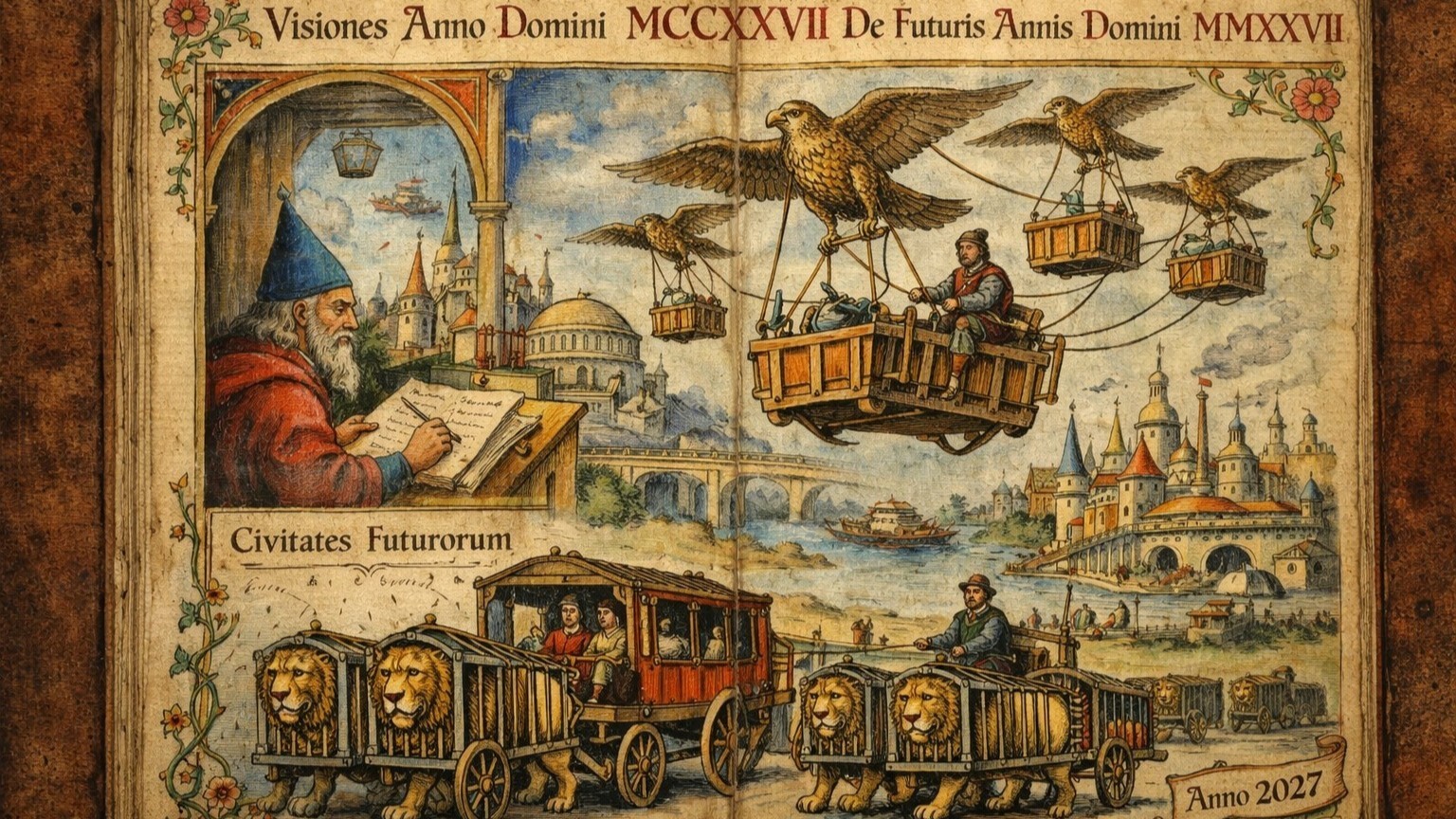 Middeleeuwse prent van een futuristische stad met vliegende koetsen getrokken door vogels en wagens getrokken door leeuwen.