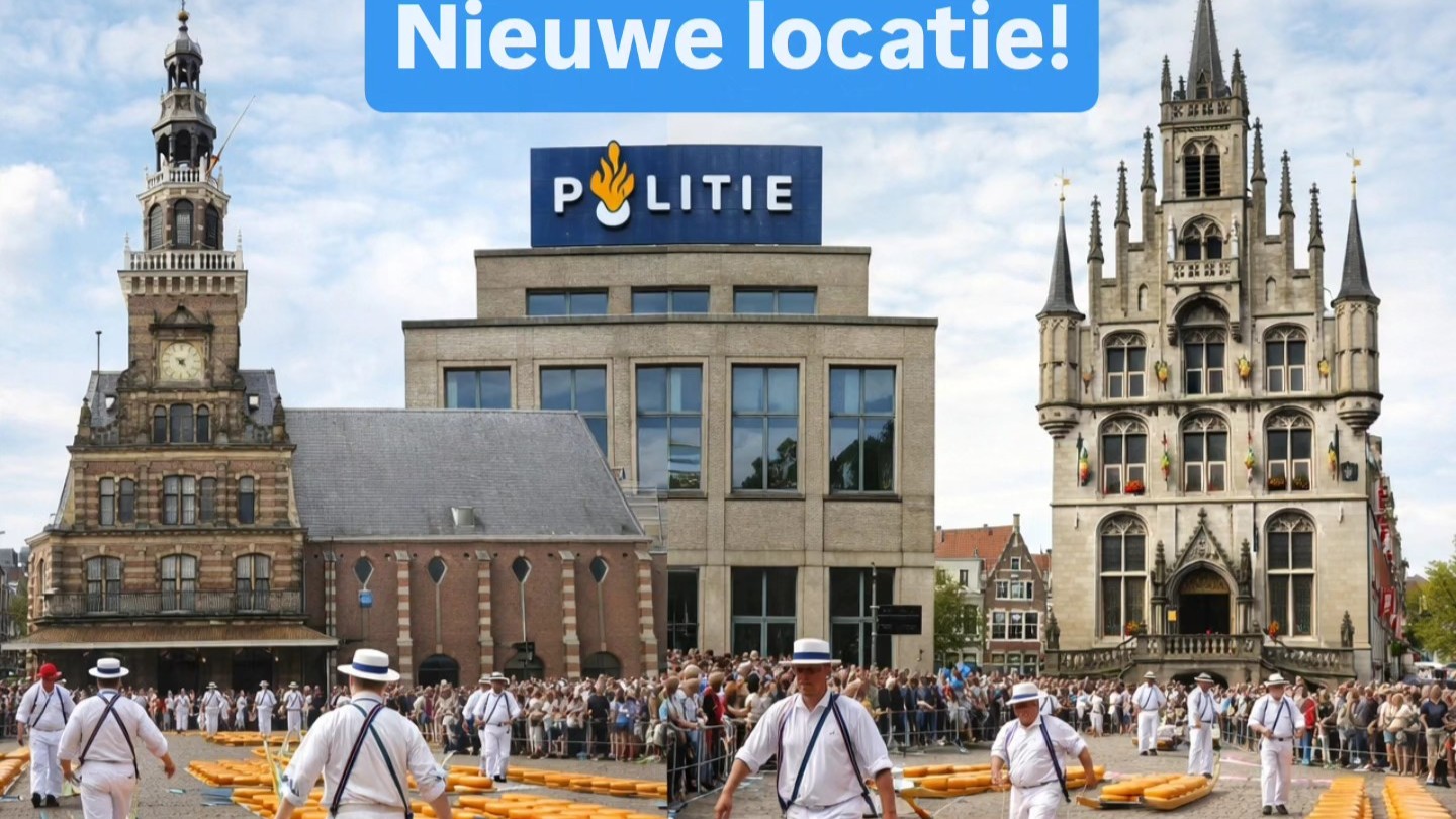 Politiegebouw met de tekst "Nieuwe locatie!" erboven, geflankeerd door historische gebouwen met mensen op een marktplein.