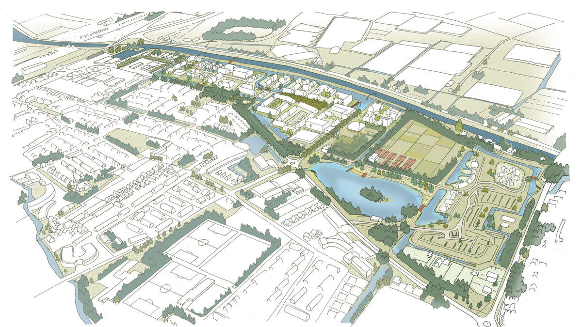 Illustratie van een buitenwijk met woonhuizen, groene gebieden, een waterpartij en recreatiegebieden omringd door wegen.