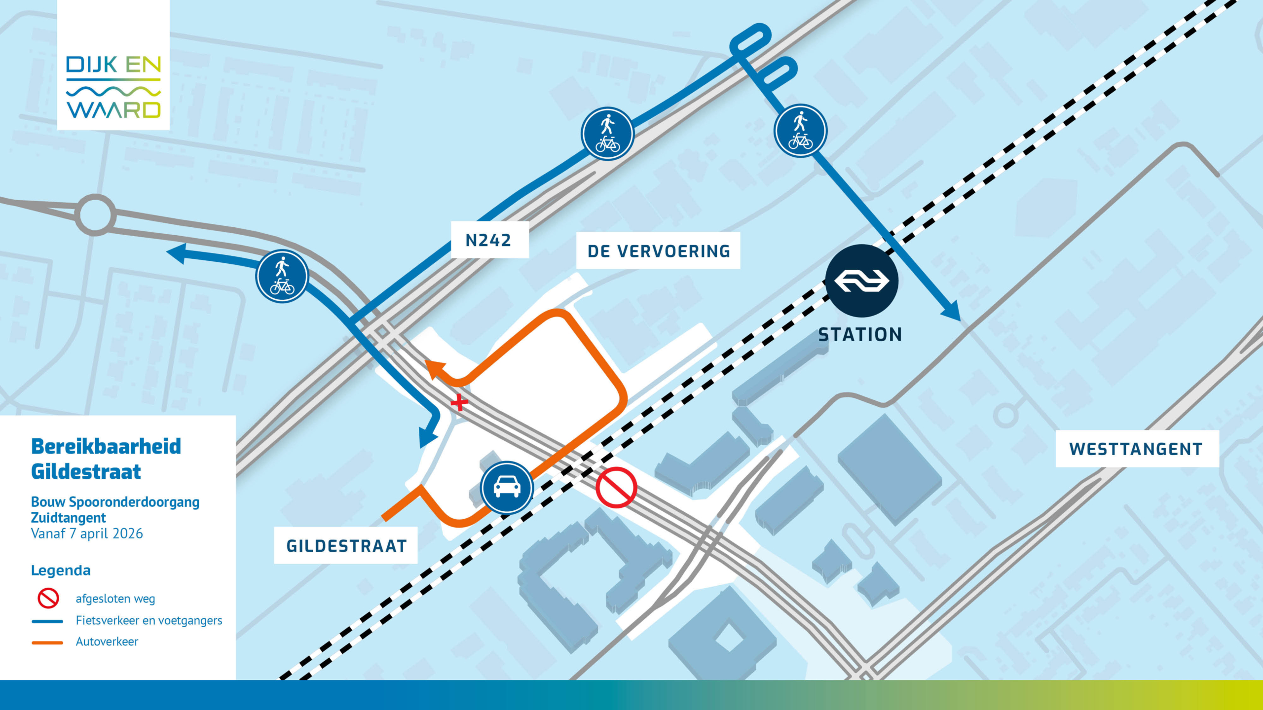 Kaart toont bereikbaarheid Gildestraat met omleidingen voor voetgangers en auto's vanwege spooronderdoorgang bouw vanaf 7 april 2026.