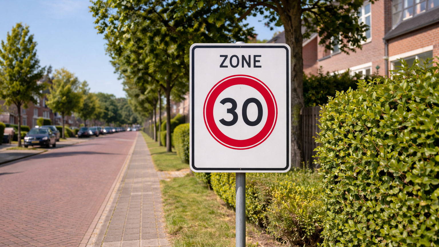 Verkeersbord met snelheidslimiet "Zone 30" in een groene woonwijk met bomen en geparkeerde auto's langs de straat.