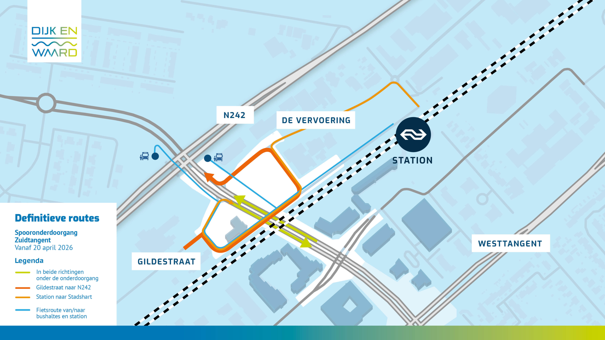 Kaart met definitieve routes en spooronderdoorgang bij station, met gekleurde lijnen voor verkeersroutes en fietspaden vanaf 20 april 2026.