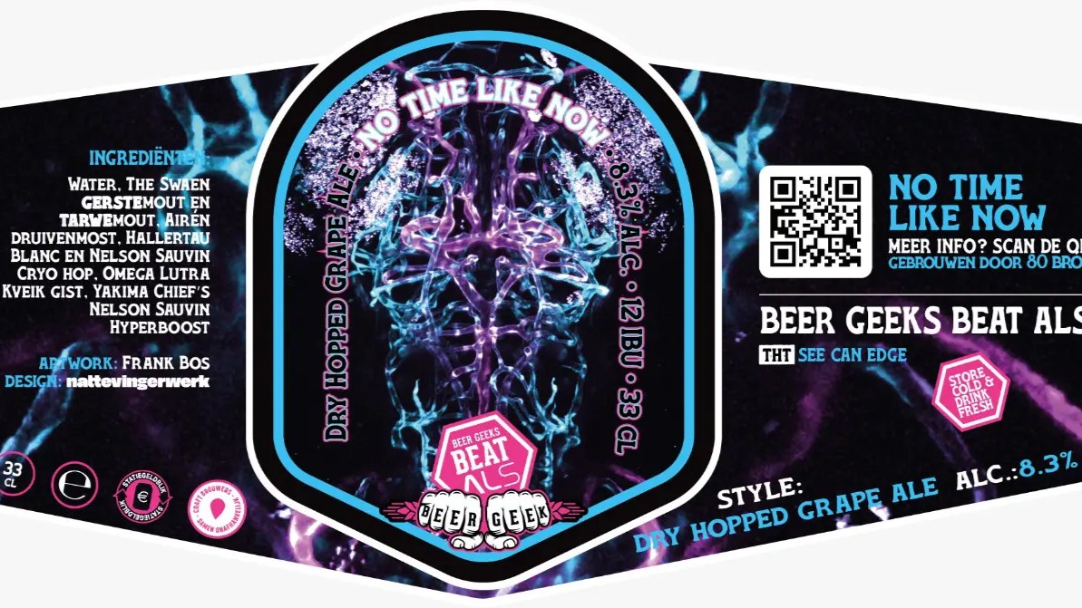 Bieretiket met de tekst "No Time Like Now" en details over ingrediënten en alcoholgehalte, plus een QR-code en kunstwerk.