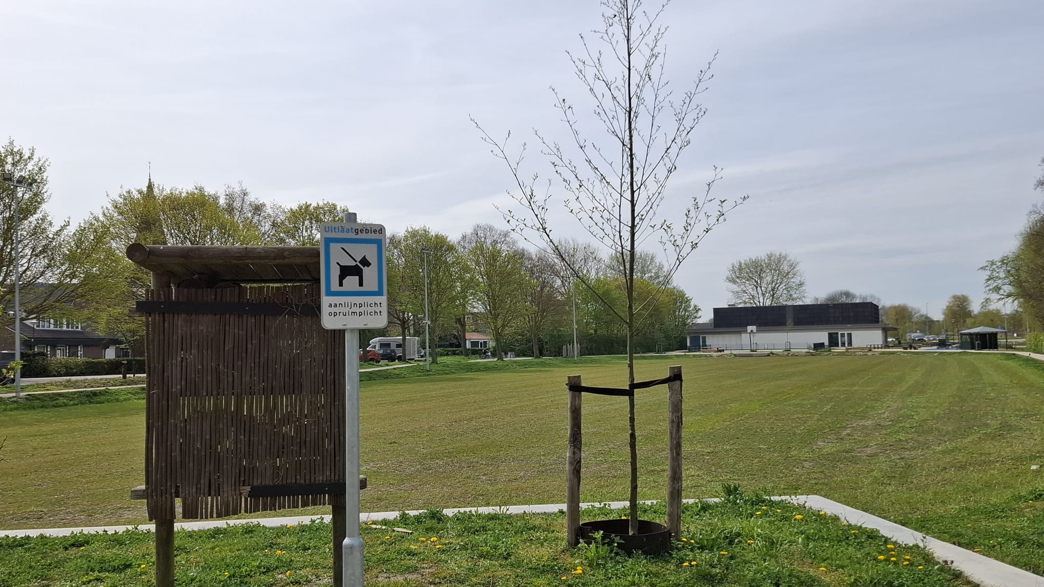 Bord met tekst "Uitlaatgebied" en pictogram van een hond aan de lijn, op een grasveld met enkele bomen en gebouwen op de achtergrond.