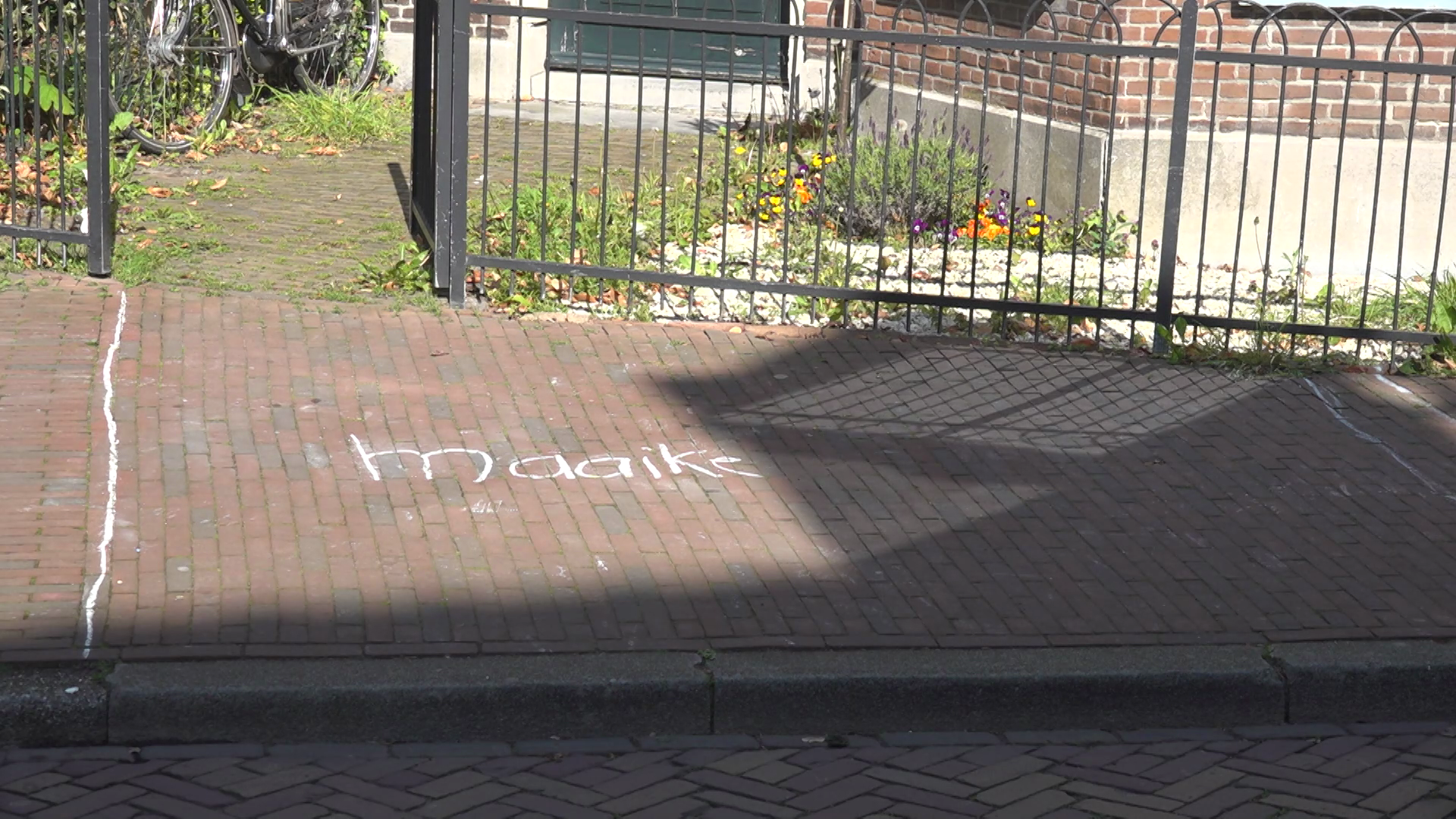 De stoep heeft krijttekst met de naam "Naaike" naast een smeedijzeren hek en bloembed met kleurrijke bloemen.