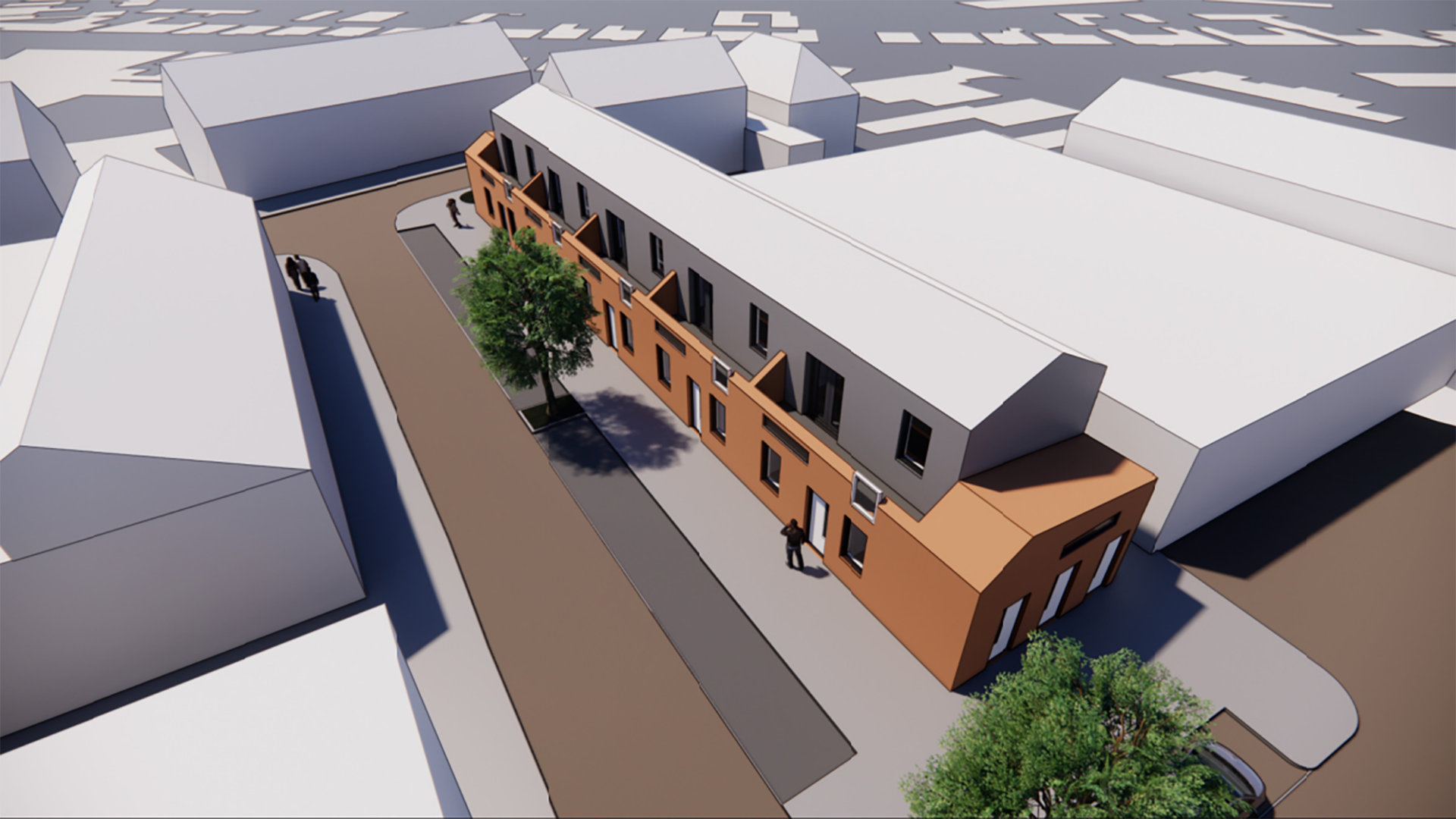 3D-rendering van een straat met rijtjeshuizen, een boom, en voetgangers, omlijst door andere gebouwen.