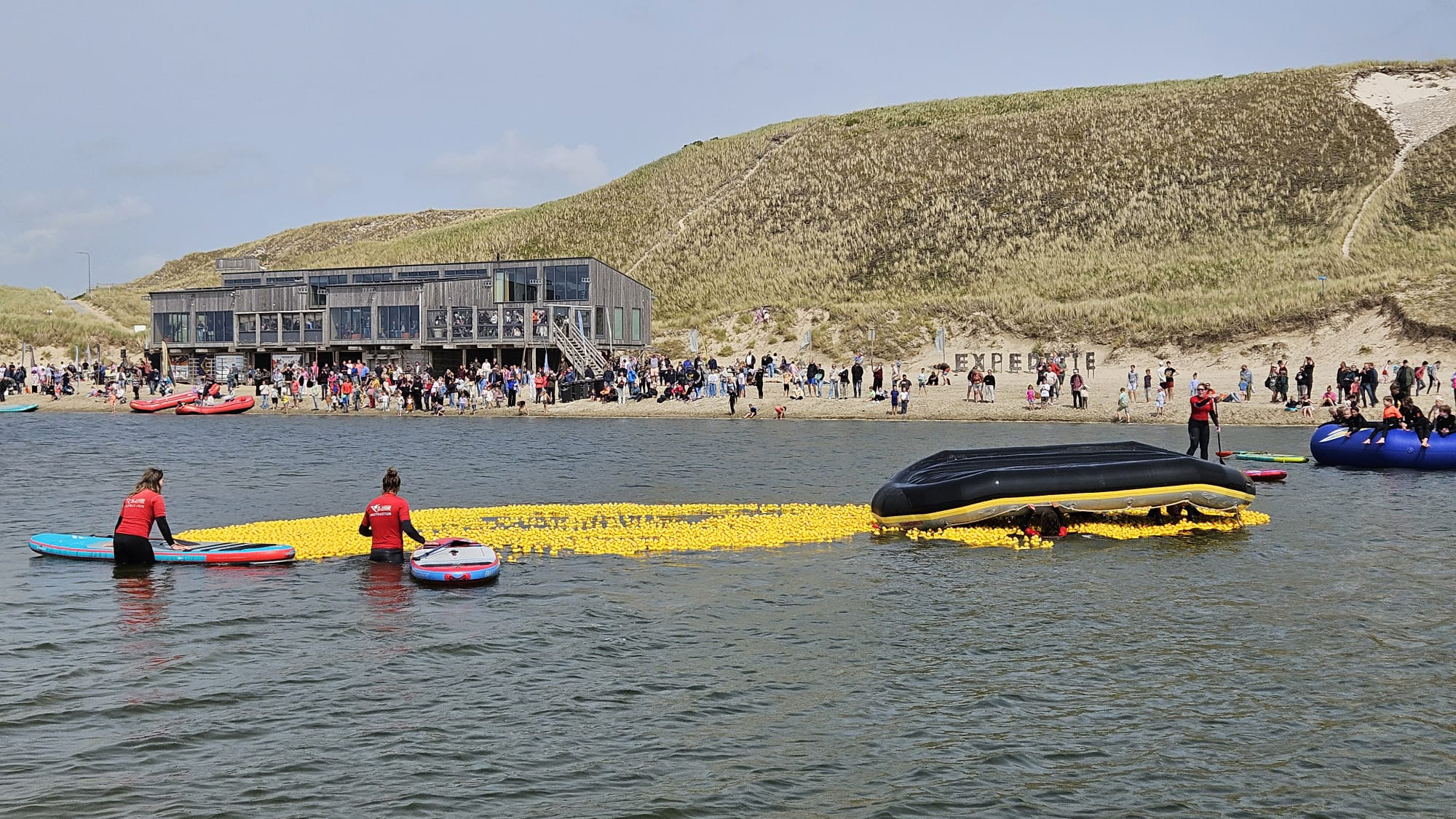 Mensen op paddleboards en boten begeleiden een groep gele badeendjes op het water, met toeschouwers op de achtergrond op het strand.