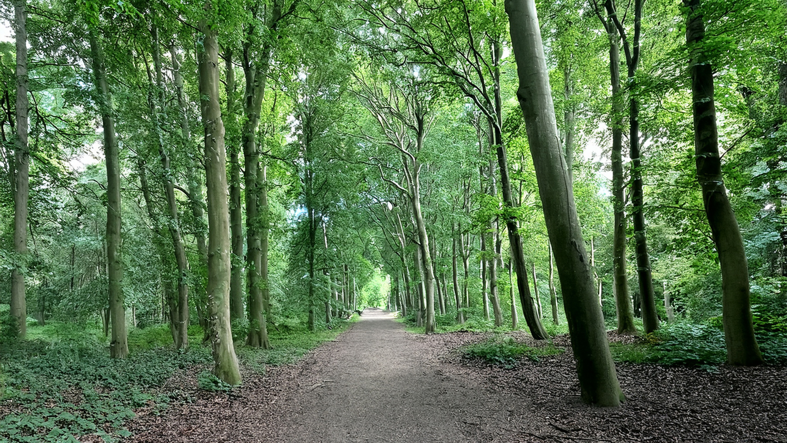 Bosrijk pad met hoge, groene bomen aan weerszijden, onder een helderblauwe hemel.