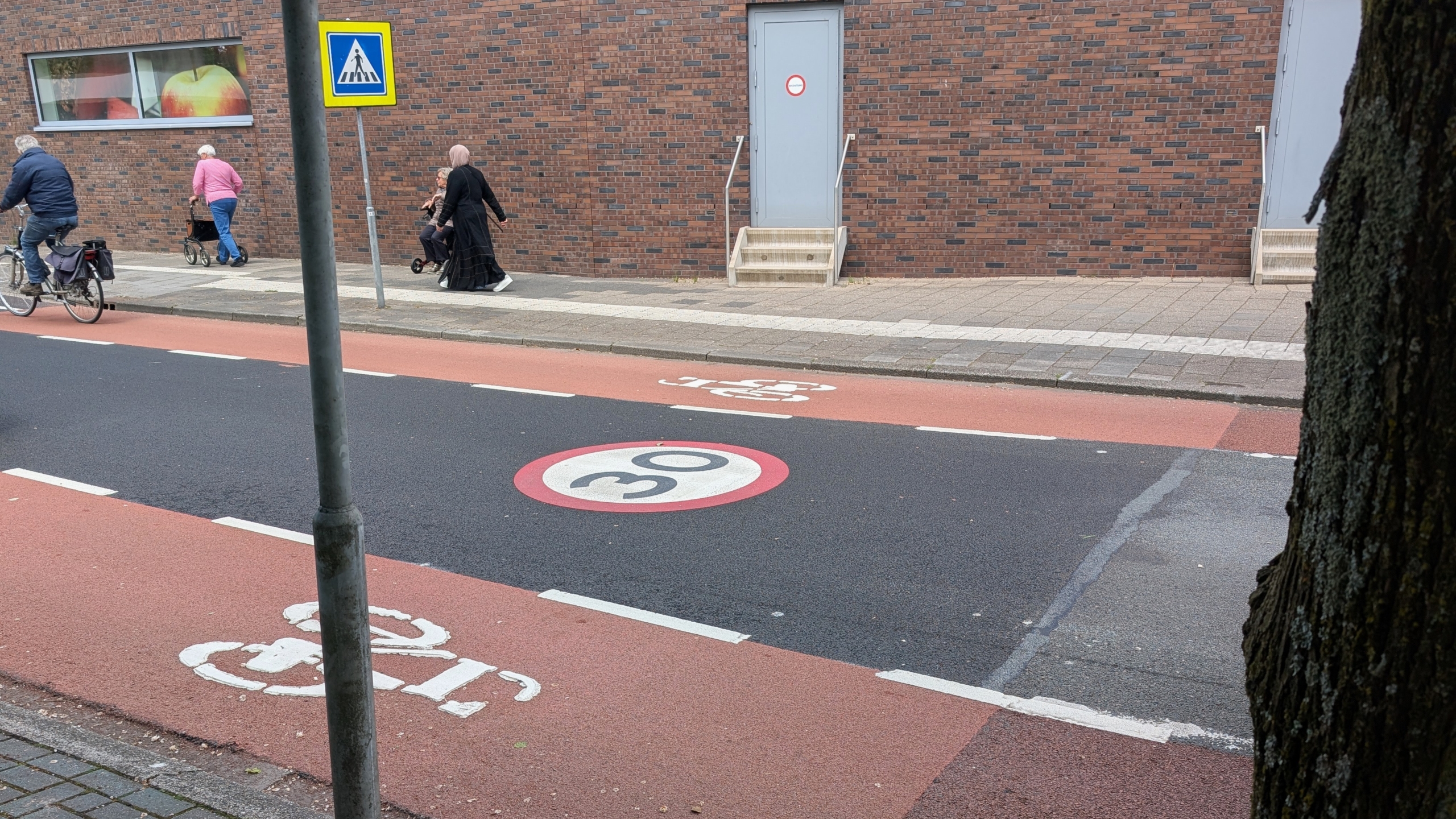 Weg met fietspad en zebrapad, bord met snelheidslimiet van 30 km/u, mensen lopen of fietsen langs een stenen gebouw.