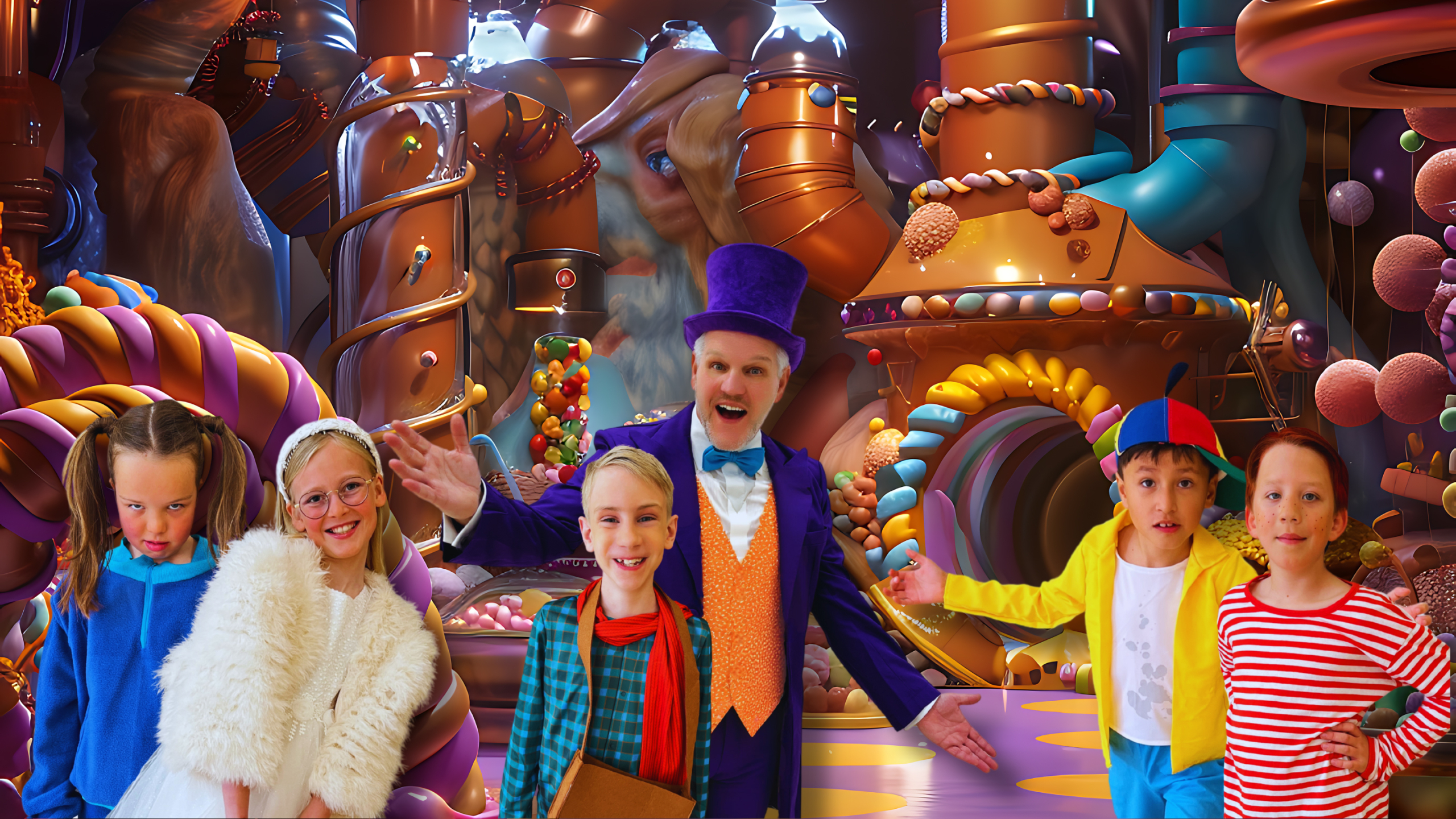 Een groep kinderen en een man in een paars kostuum met hoge hoed staan in een kleurrijke, fantasierijke fabriek die lijkt op een snoepfabriek.