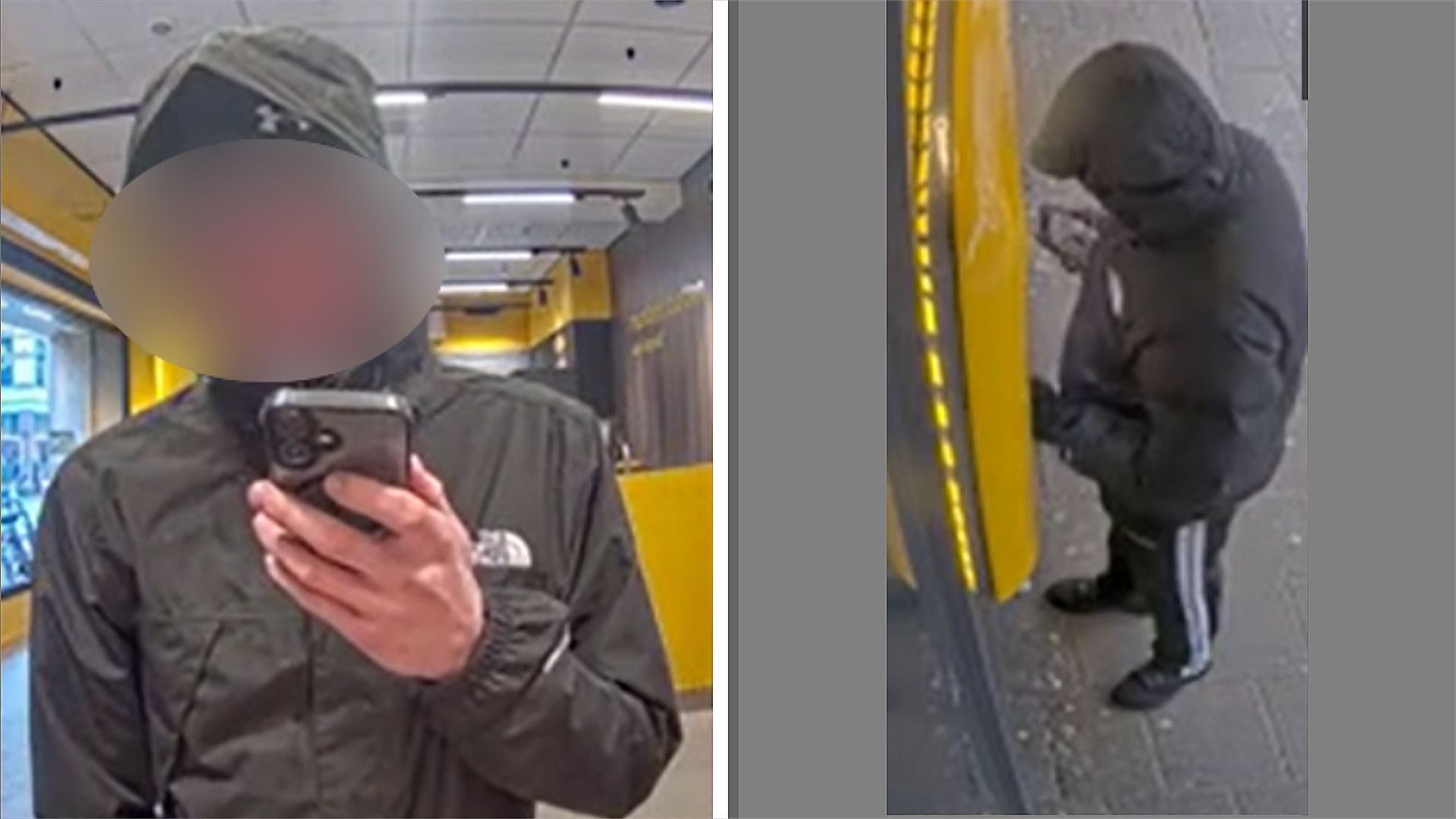 Twee beelden van een persoon in een donkere jas en capuchon die een mobiele telefoon gebruikt en bij een geel apparaat staat.