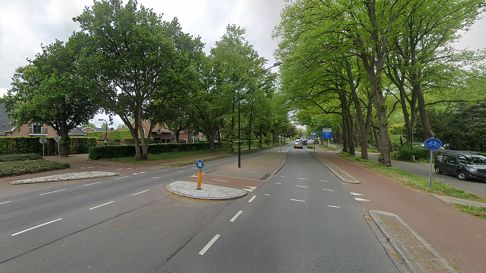 Boomrijke straat met aparte fietspaden, groene bermen, en enkele auto's. Links staan woningen achter hagen.