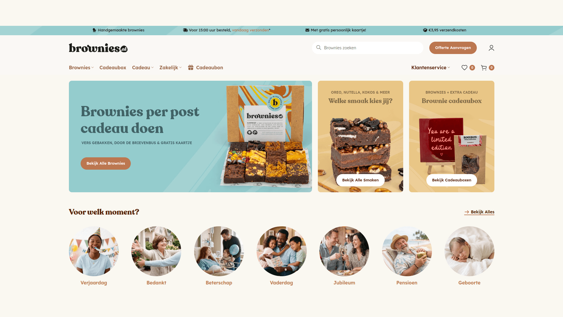 Website met handgemaakte brownies en cadeau-opties zoals verjaardagen en andere gelegenheden.